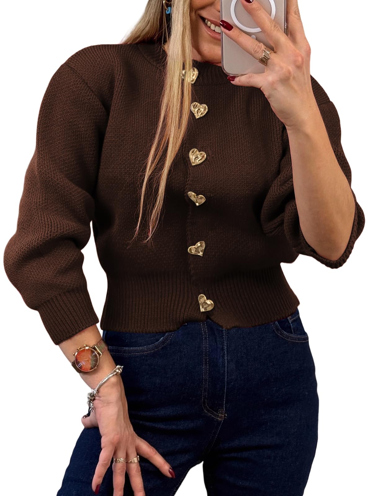 Women’s Knit Cardigan Sweater with Heart Buttons, Casual Button Down Knitwear Long Sleeve Cropped Cardigan for Fall Winter-image-20