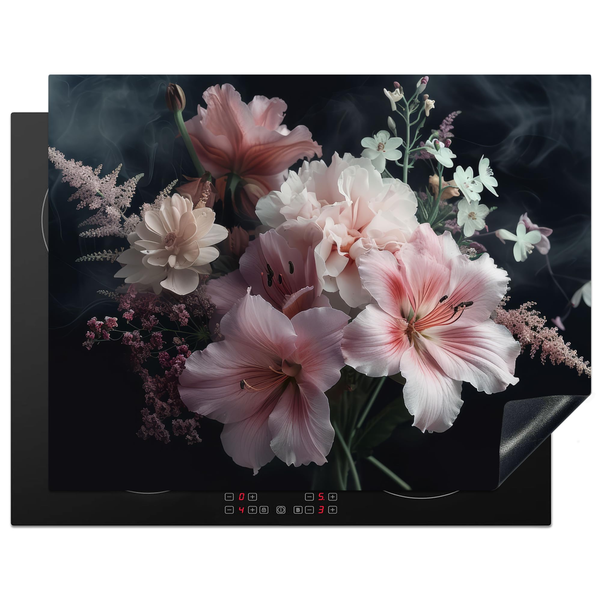 KitchenYeah© Induction Hob Protector Mat 23.2"x30.3" / 77x59 cm Cooker Top Protectors Cover Ceramic Covers Electric Hobs Vinyl Flowers - Pink - Vapour - Plants — image 1