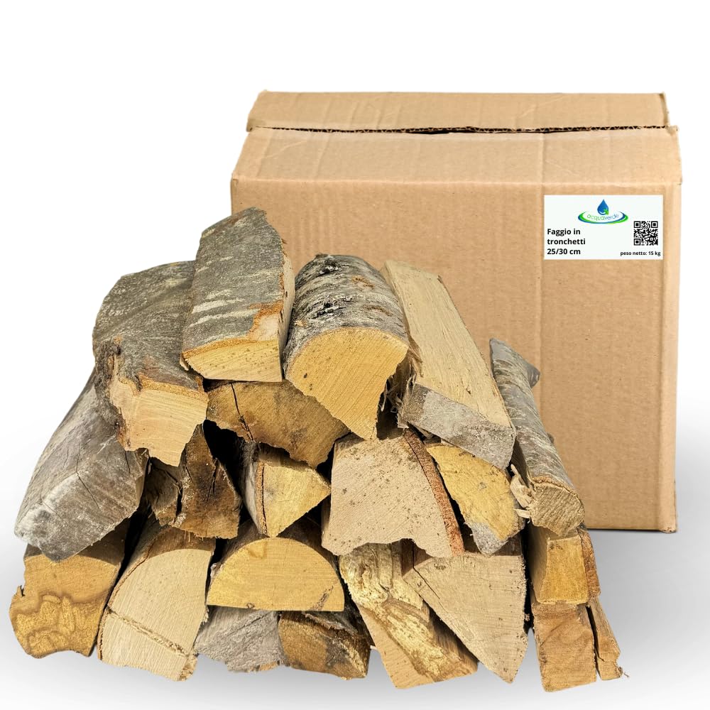 acquaverde | Legna da ardere di Faggio in Tronchetti da 25 cm, Secca e pronta all'uso per Riscaldamento, Stufe, Caminetti e Barbecue (2 Cartoni, 30 kg)