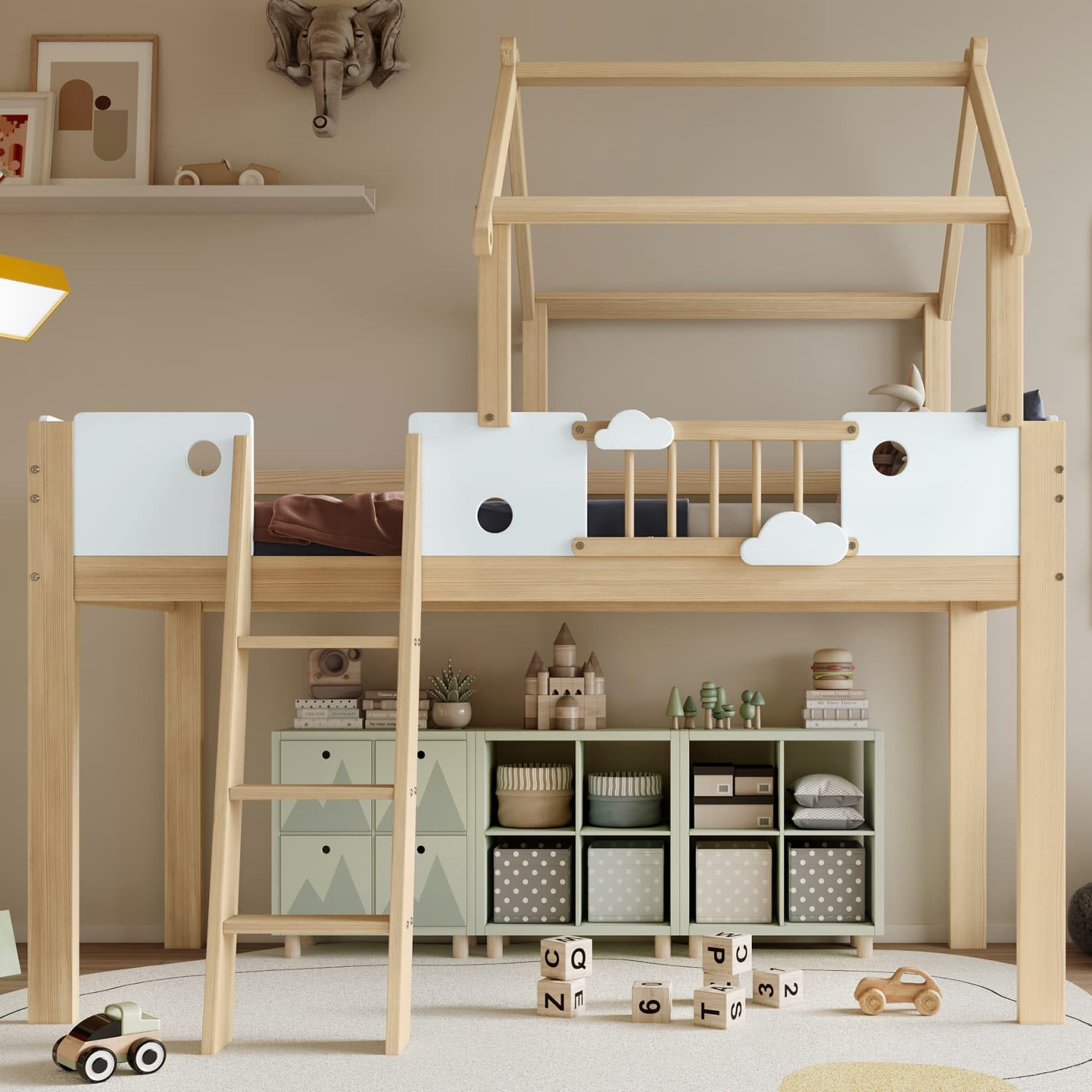 PUGSDRLY Lit Mezzanine Enfant 90x200cm avec Barrières,Lit Cabane Enfant avec échelle et Design Unique du Toit,Mi Hauteur,Cadre en Pin,Blanc+Naturel