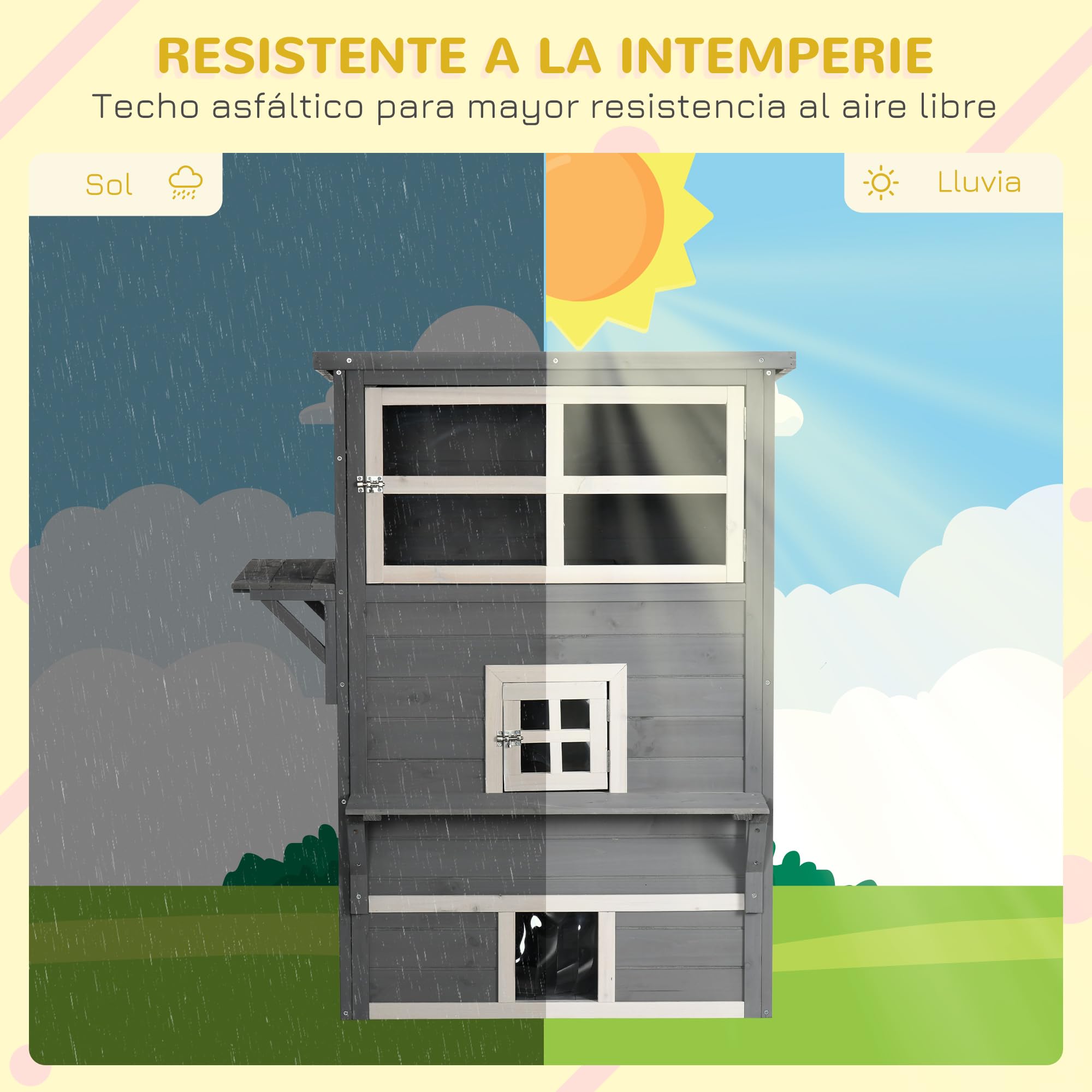 PawHut Caseta para Gatos de Madera 98x68,5x122 cm Grande 5 Puertas Gris | Casa para Gatos, 3 Niveles, 2 Plataformas, Terraza Balcón Jardín
