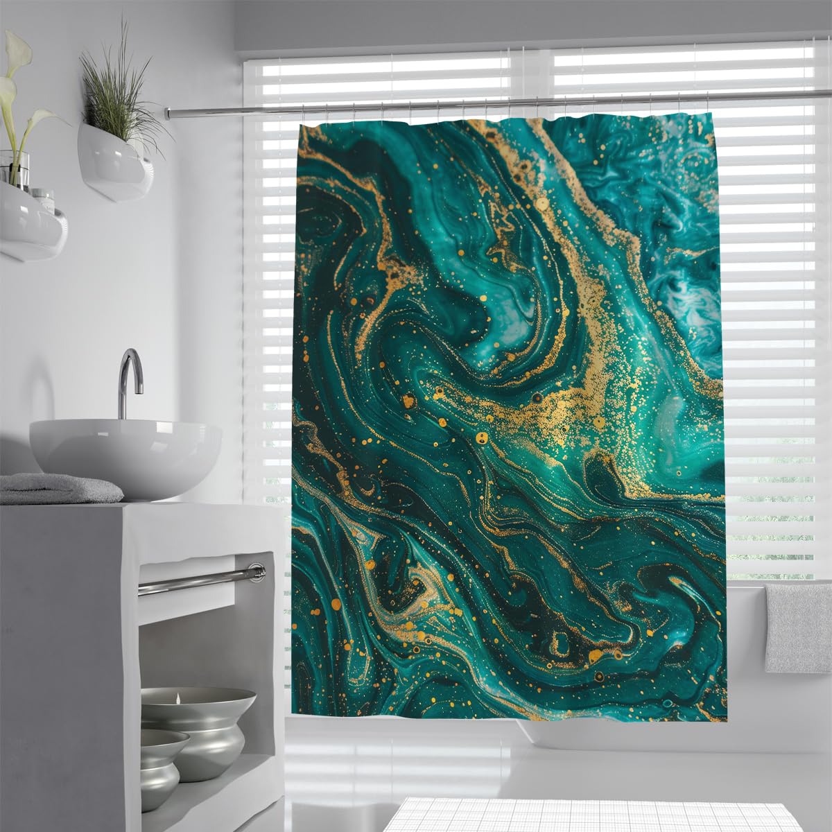 UIRINGART Contemporary Bathroom Curtains W150xL200cm Teal Cyan Golden Agate Marble Liquid Fluid Pattern Machine Washable Quick Drying Home Hotel Decorative Set