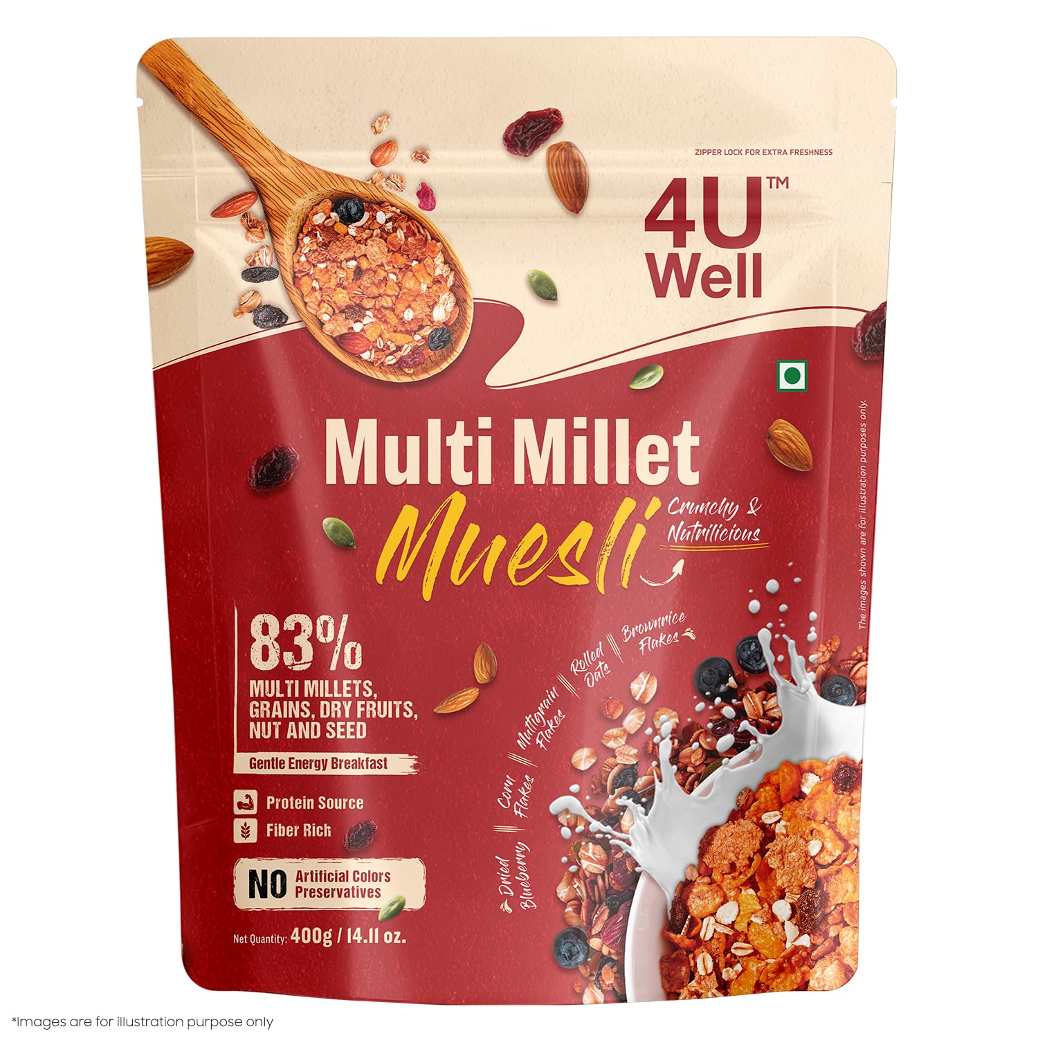 4 U WELL Multi Millet Muesli 400g | Gentle Energy Breakfast 83% Multi Millets, Grains, Dry Fruits, Nut and Seed, No Artificial Colors, Preservatives | No Refined Sugar, Healthy Breakfast Cereal-image-8