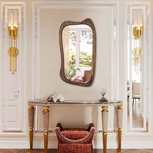 Miniatura 7 de AAZZKANG Espejo de pared grande con marco de madera de 28 x 16 pulgadas, espejo de pared irregular vintage, espejo colgante asimétrico para baño,