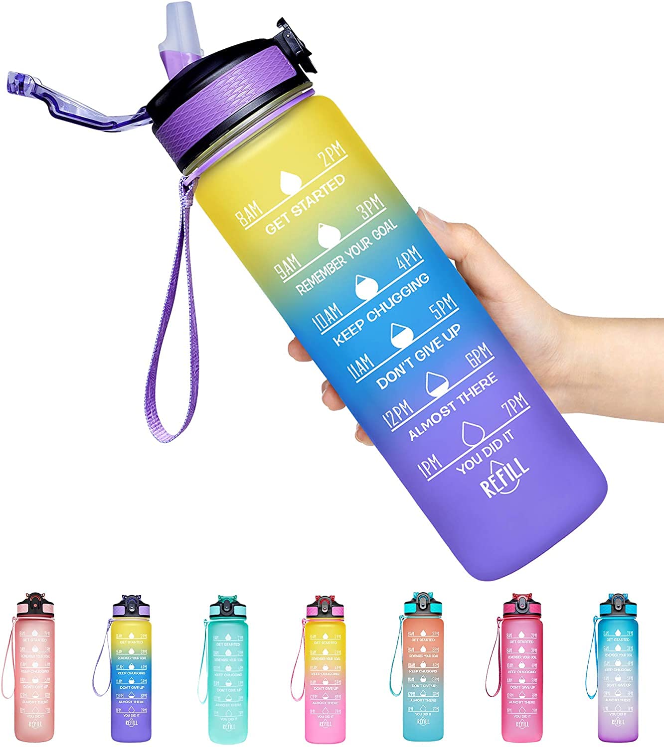 32oz Leakproof BPA Free Drinking Water Bottle with Time Marker & Straw to Ensure You Drink Enough Water Throughout The Day for Fitness and Outdoor Enthusiasts (Ombre Yellow Purple, 32oz)