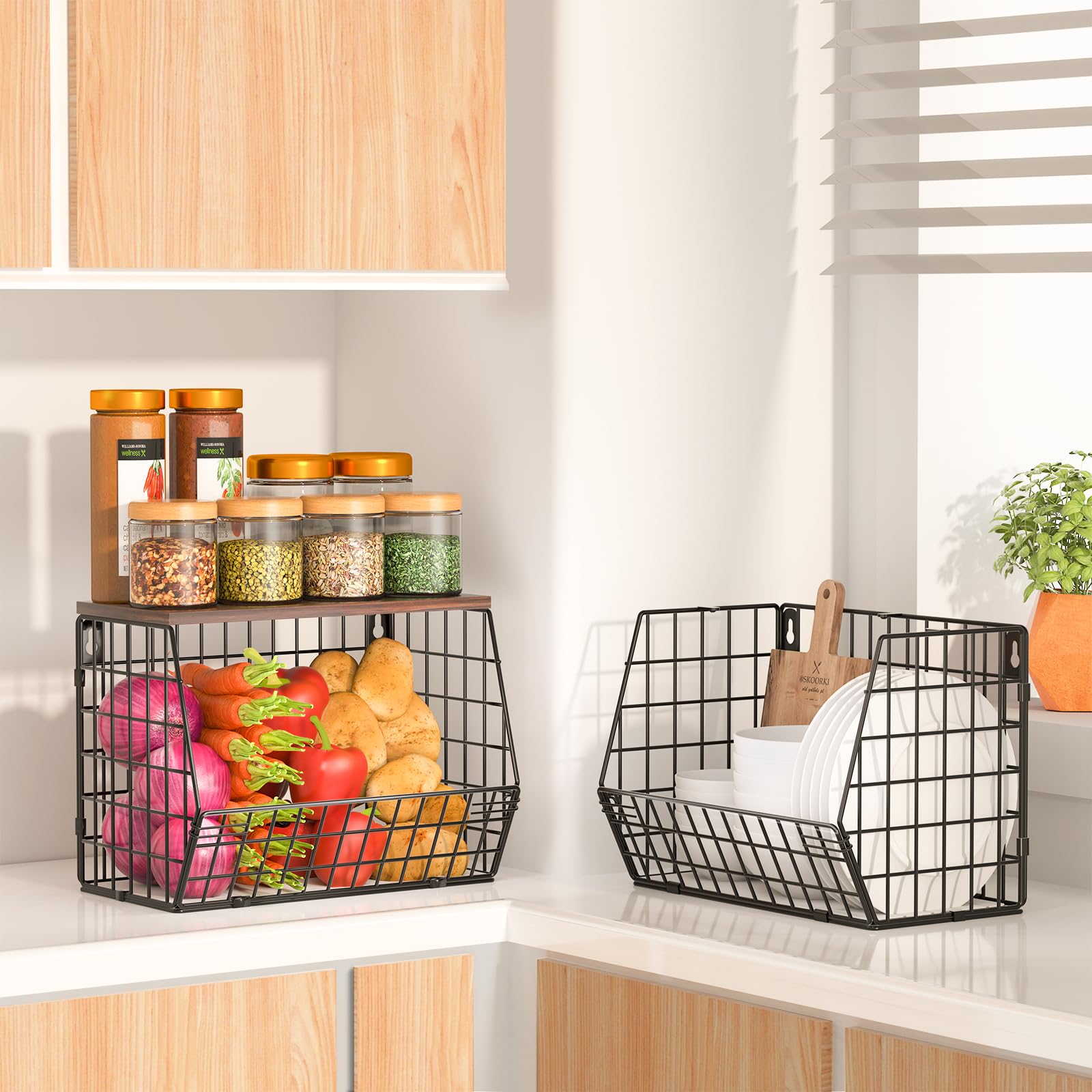 Wawocs 2 Panier a Fruit, Panier Corbeille a Fruit Murale pour la Cuisine, Panier Rangement de Fruits et Legumes 4 Crochets pour Fruit Basket, Corbeille en Métal pour Ranger les Fruits et les Légumes