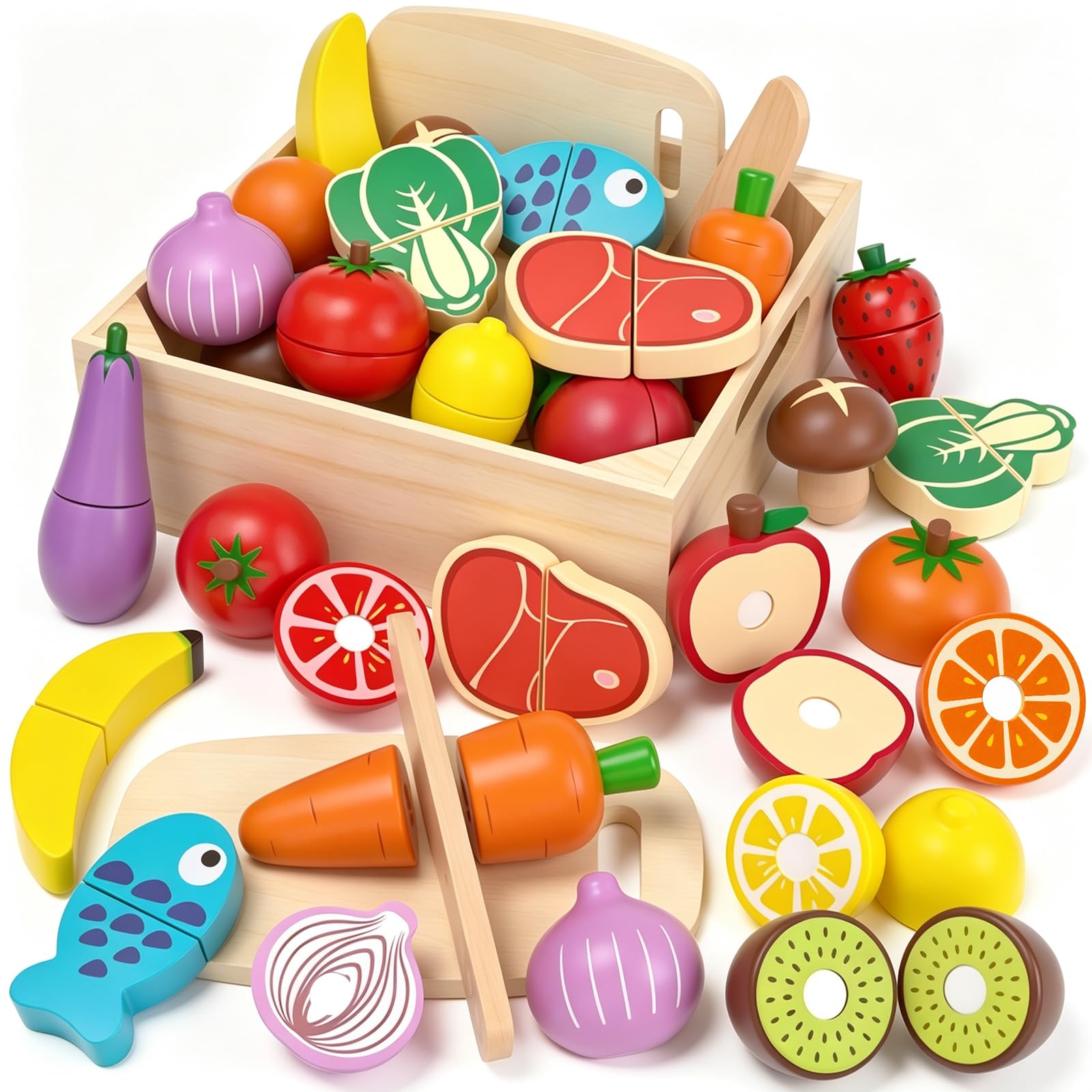 Wooden Play Food Toys for Kids - Cutting Pretend Play Kitchen Accessories