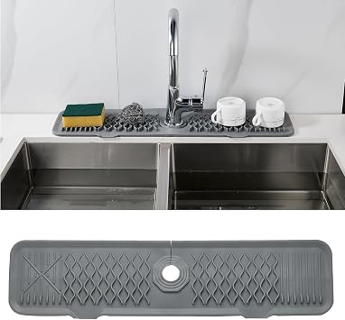 Kitchen Sink Splash Guard 24inch Grey Silicone Faucet Mat Draining Mat Longer Silicone Faucet Handle Drip Catcher Tray Bathroom Countertop Protect Mat for Kitchen Bathroom, Drip Protector Splash