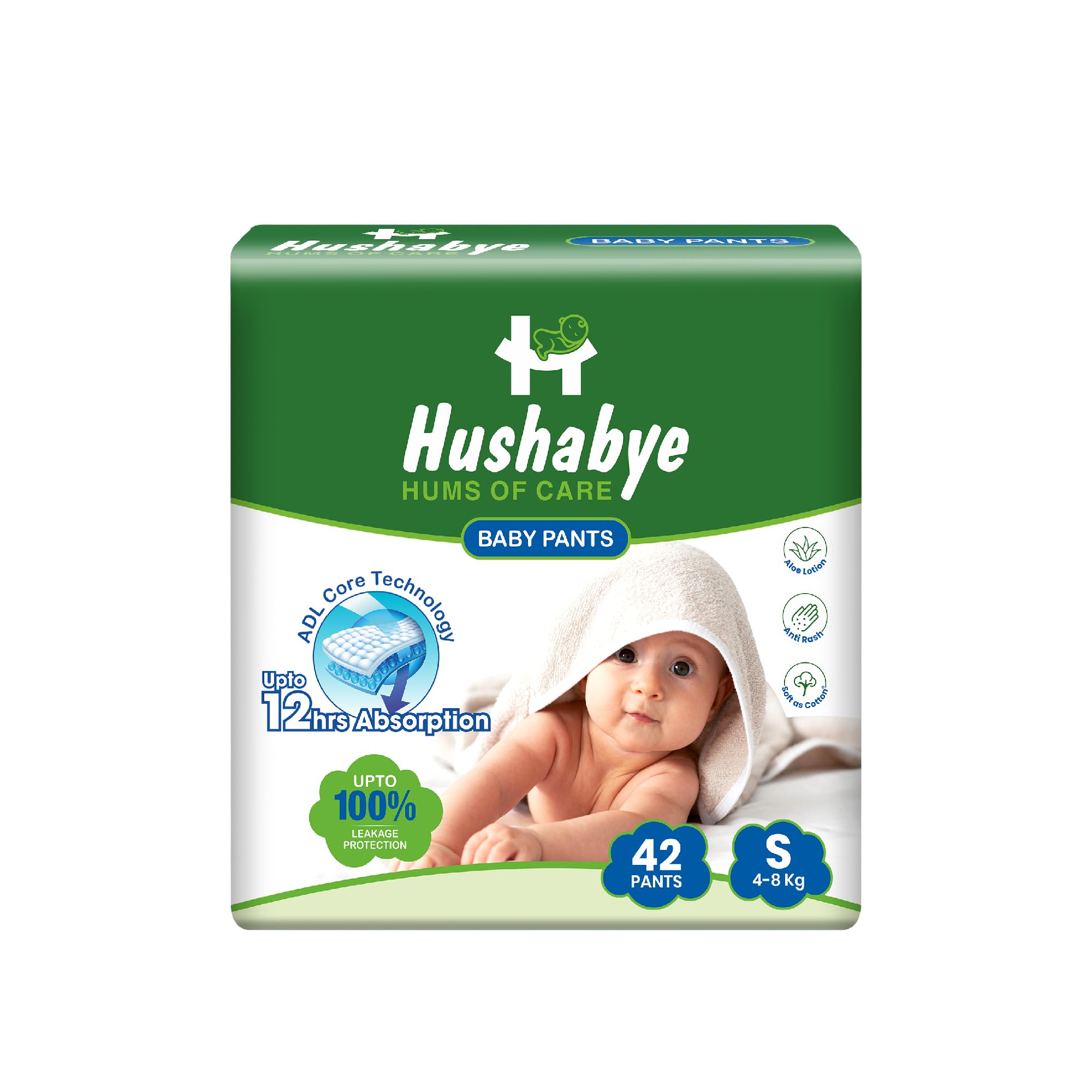 Hushabye Cotton Soft Baby Diapers Pants with Aloe Lotion | Anti-Rash, Gentle & Breathable | 12hrs Leakage protection, 3D Leak Guard & ADL Core | Small (S) | 4-8kg | 42 Count-image-21