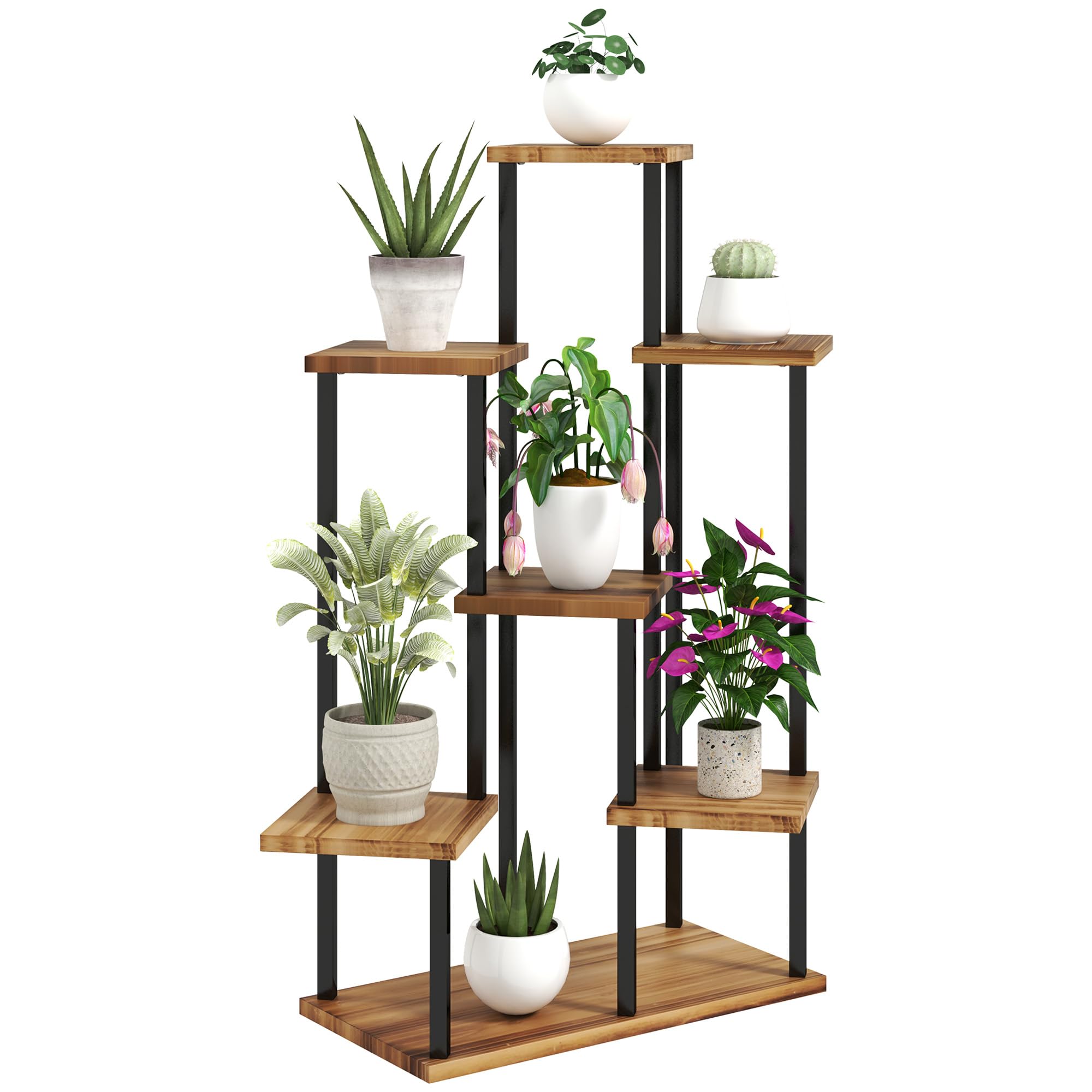 Outsunny Unisex Brown 5 Tier Plant Stand, Tall Steel Wood Plant Shelf, Carbonised Finish In