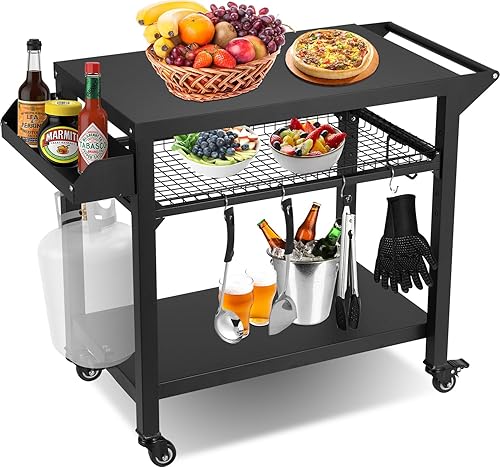 Miniatura 9 de Spurgehom Carrito de parrilla, mesa de soporte para horno de pizza con ruedas, mesa de preparación de cocina movible al aire libre, carrito de