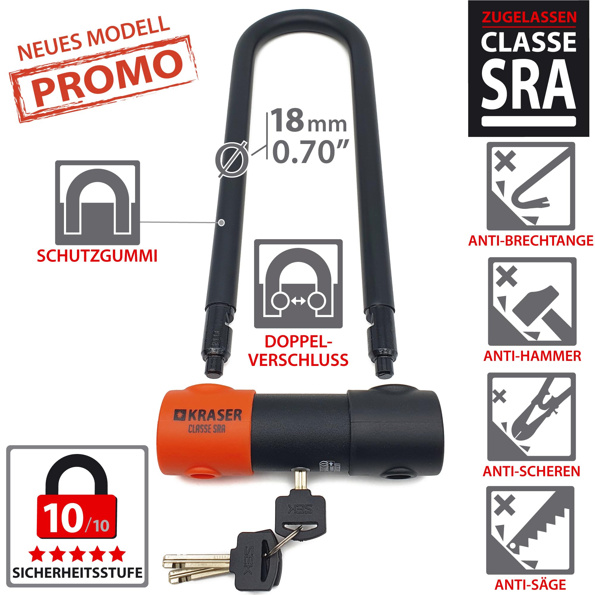 KRASER KR85L Anti-Diebstahl Motorrad Fahrradschloss Bügelschloss Vorhängeschloss U Homologiert SRA-Schloss Sicherheit Solides Schloss 85x300 Ø18 Diebstahlsicherung Motorräder Motorroller Fahrrad