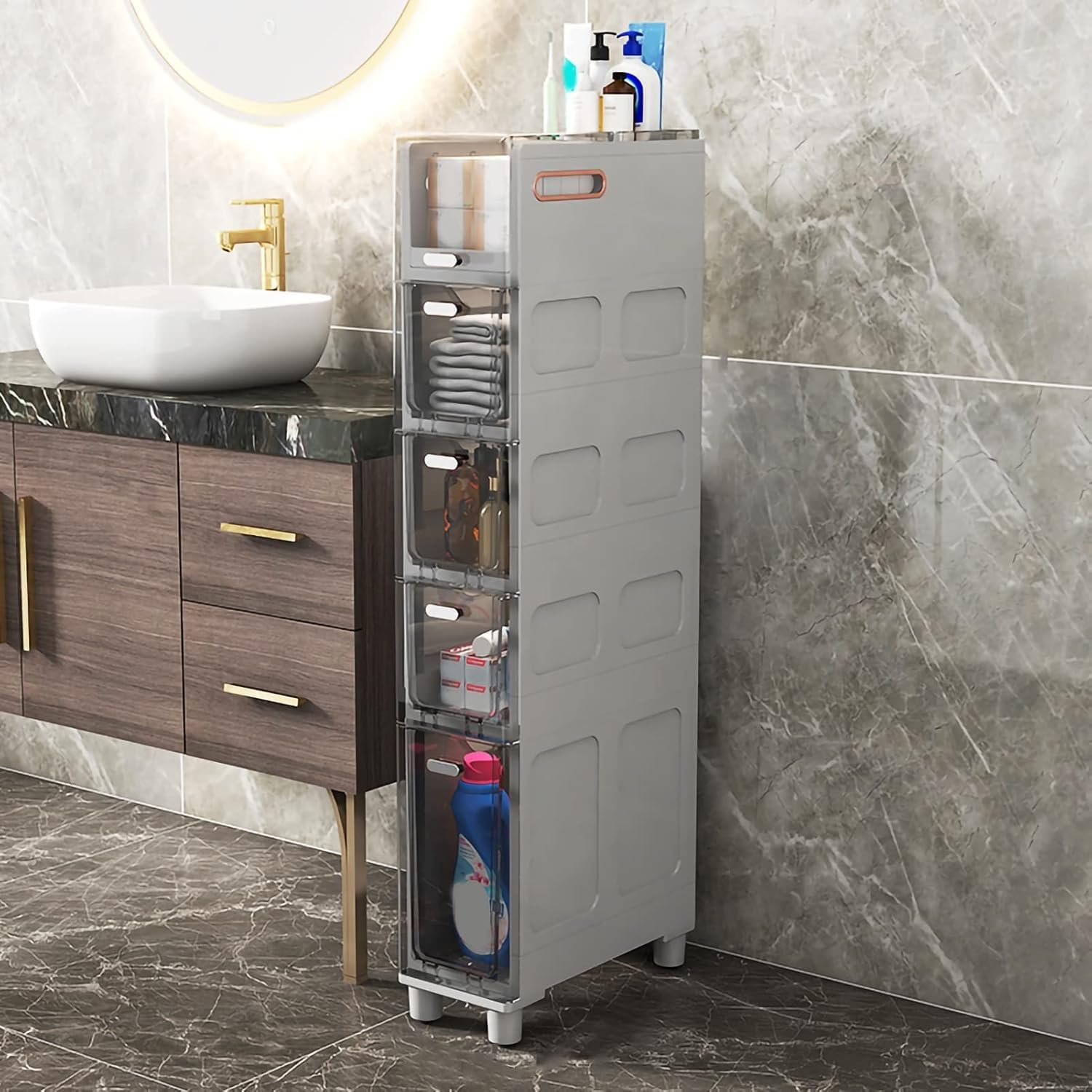 Gabinete de piso Alto y angosto de 5 niveles con cajones transparentes y ruedas, gabinete de Pie de Gran capacidad para espacios pequeños, organizador de almacenamiento p