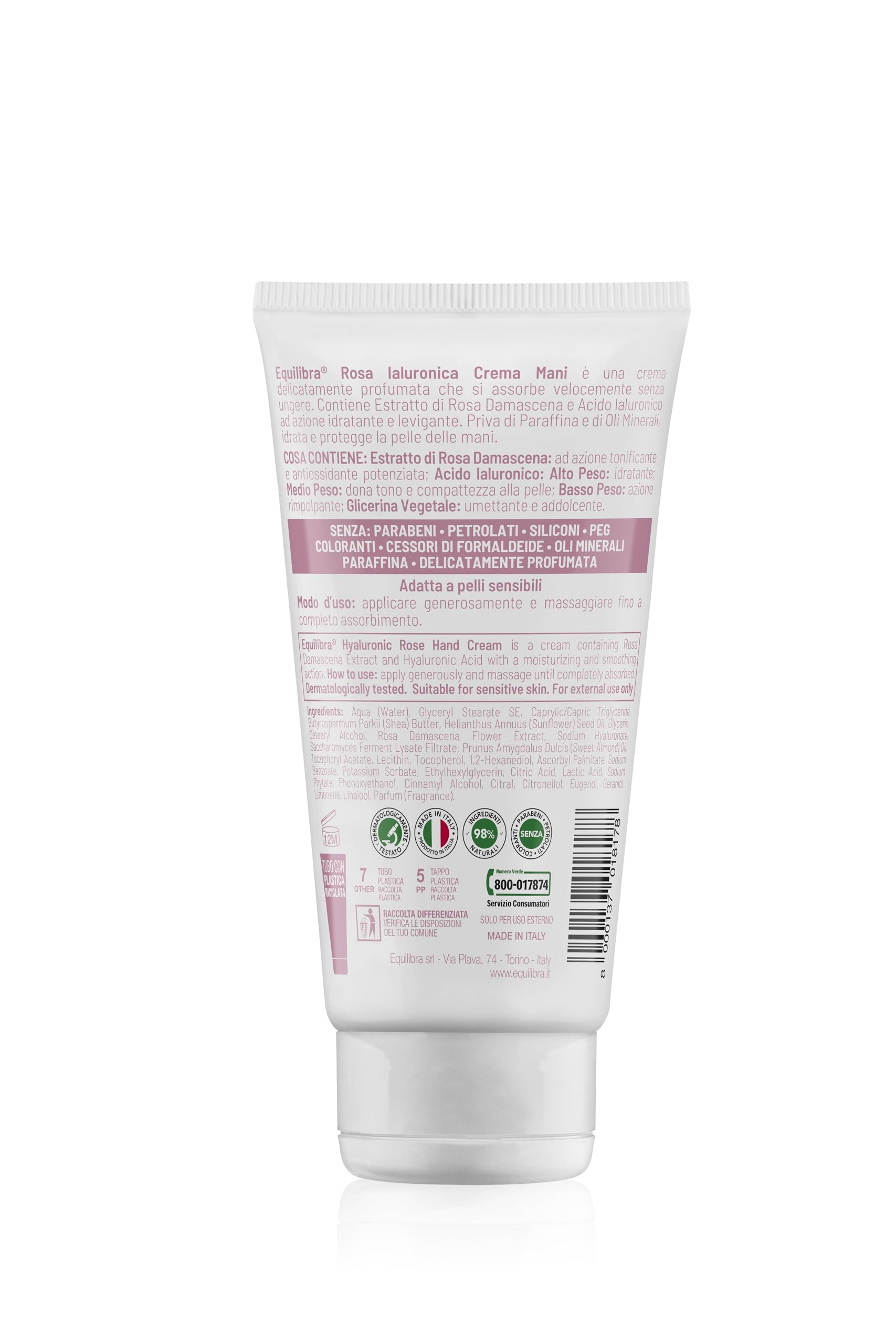 Equilibra, Crema Mani, Levigante e Protettiva, 75ml, con Estratto di Rosa Damascena, Acido Ialuronico e Glicerina Vegetale, 98% Origine Naturale, Assorbimento Rapido, Non Unge, Delicatamente Profumata