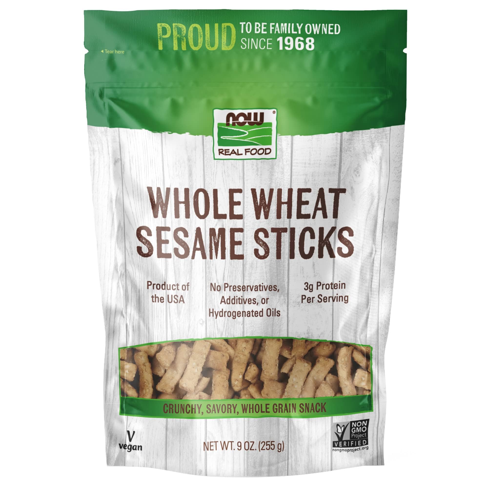 NOW Foods, Whole Wheat Sesame Sticks, Product of the USA, No Preservatives, Additives or Hydrogenated Oils, Certified Non-GMO, 9-Ounce (Packaging May Vary)