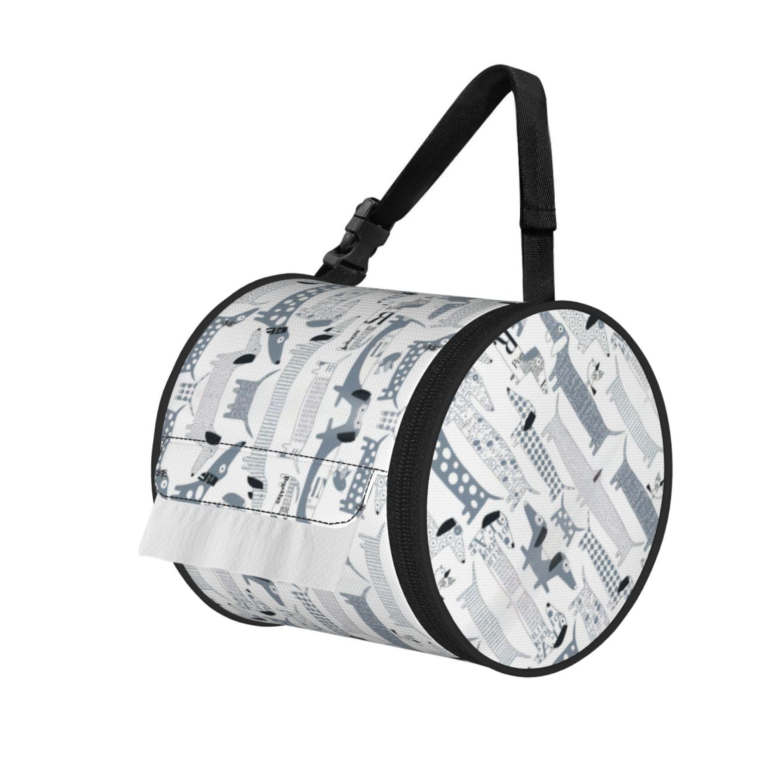 Cute Dachshund Dog Print Round Paper Tissue Holder With Shoulder Strap, Portable Roll Case For Caravan Travel Use