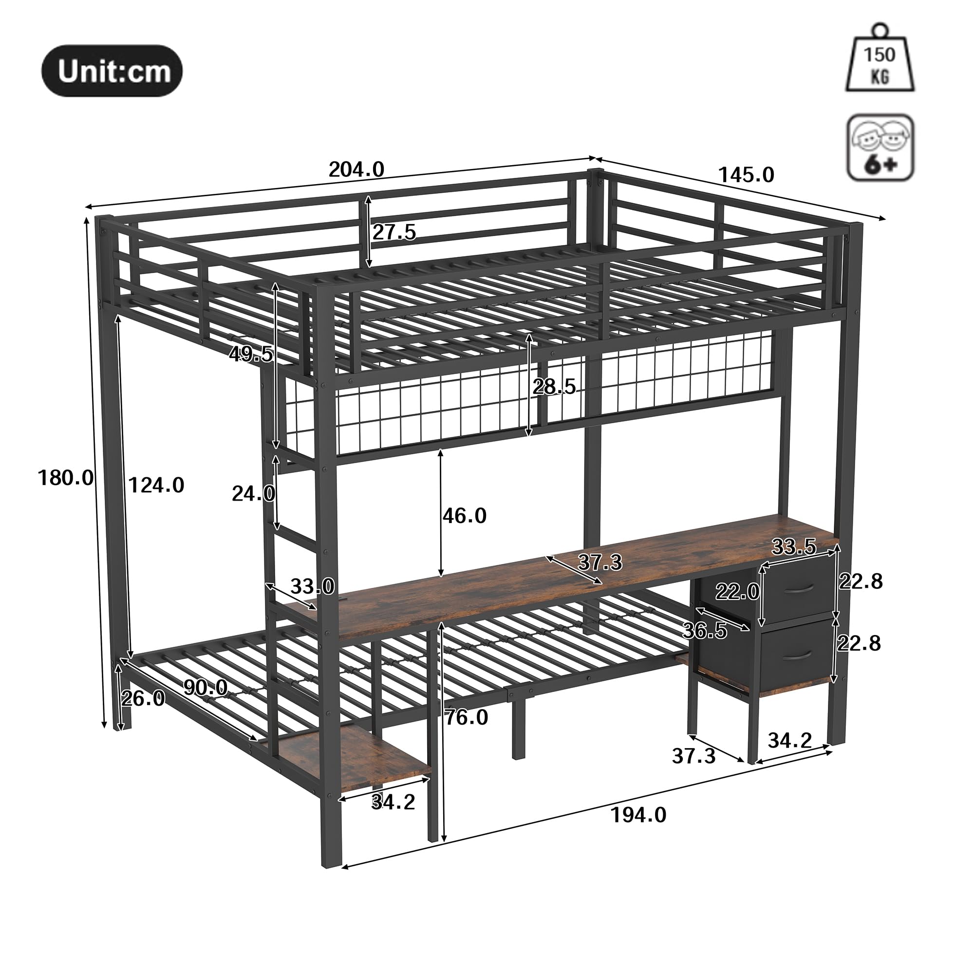 Cama alta con escritorio de 90 x 200 y 140 x 200 cm, litera con iluminación LED, conexiones USB, 2 cajones, estantes y estantes para colgar, estructura de cama de metal, sin colchón (negro)