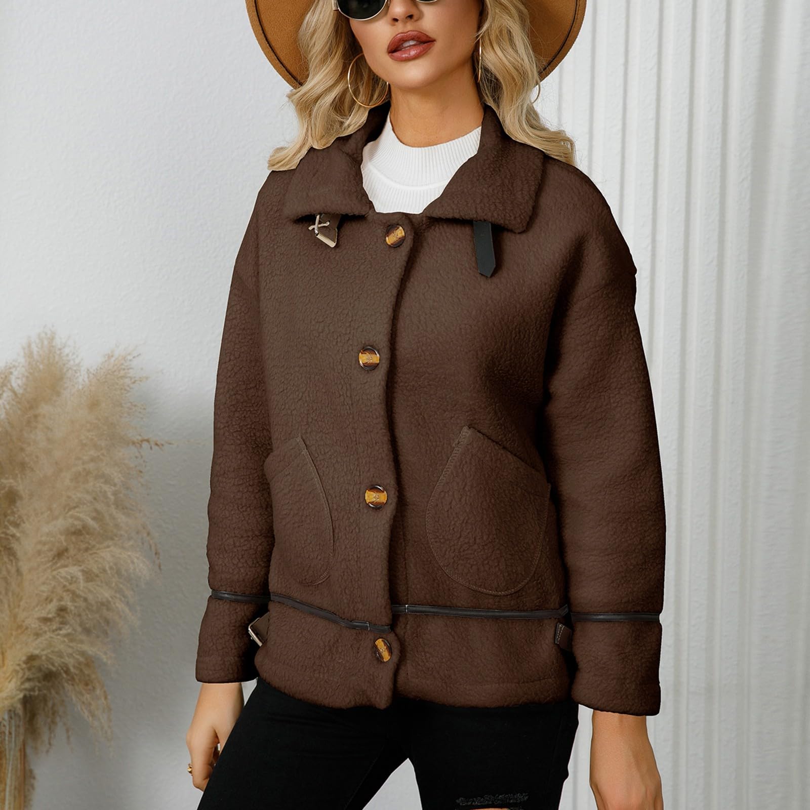 Generisch Fleecejacke Damen Pullover Damen Fleecemantel mit Revers und Knopfverschluss, kurzes, warmes Cardigan-Oberteil