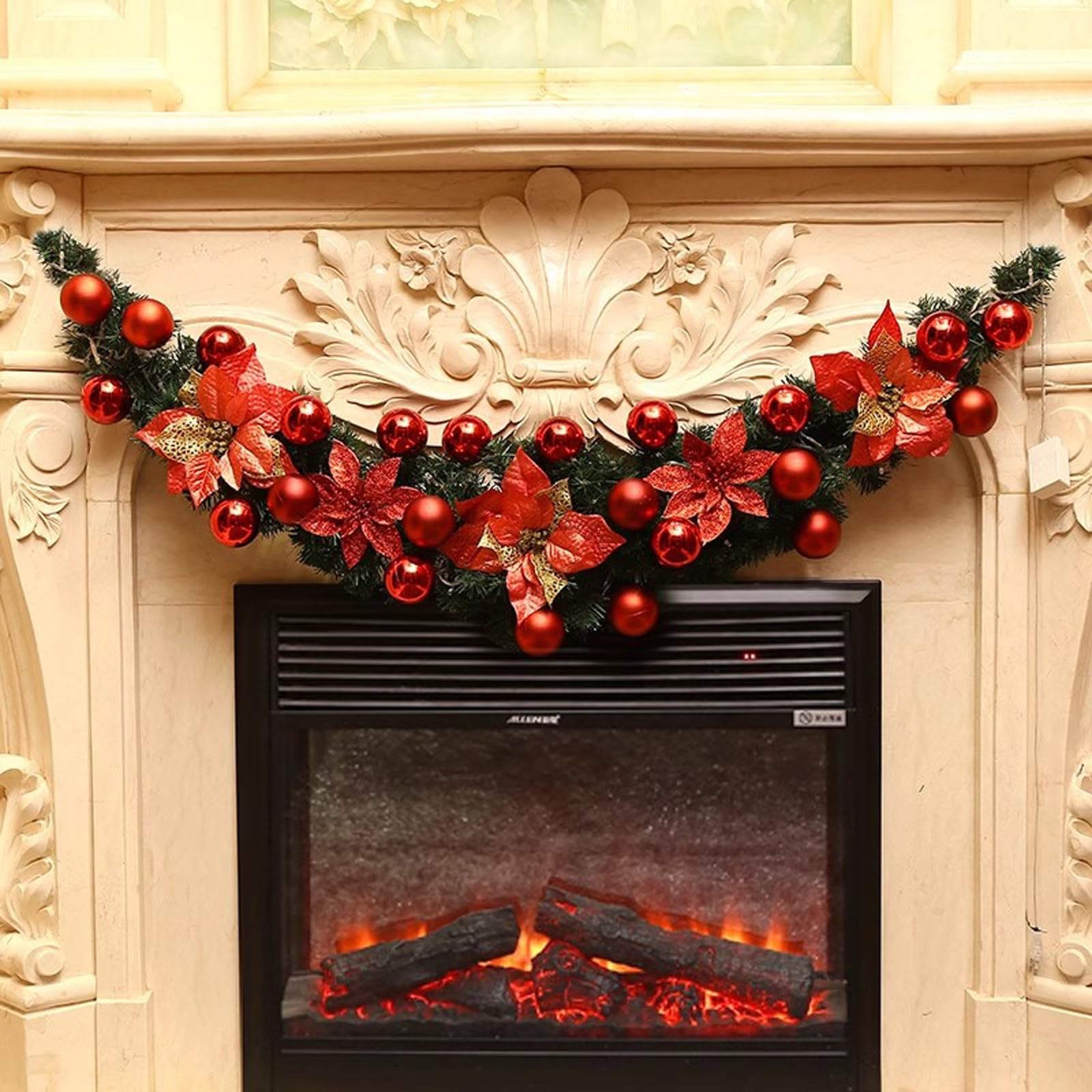 OPFdfhDFH Christmas wreaths, Artificial Bushy Xmas Garlands, Fireplace Christmas Decorations, Decoration on Mantle Front Door Indoor Outdoor, No Light String(Red,150cm/59in)