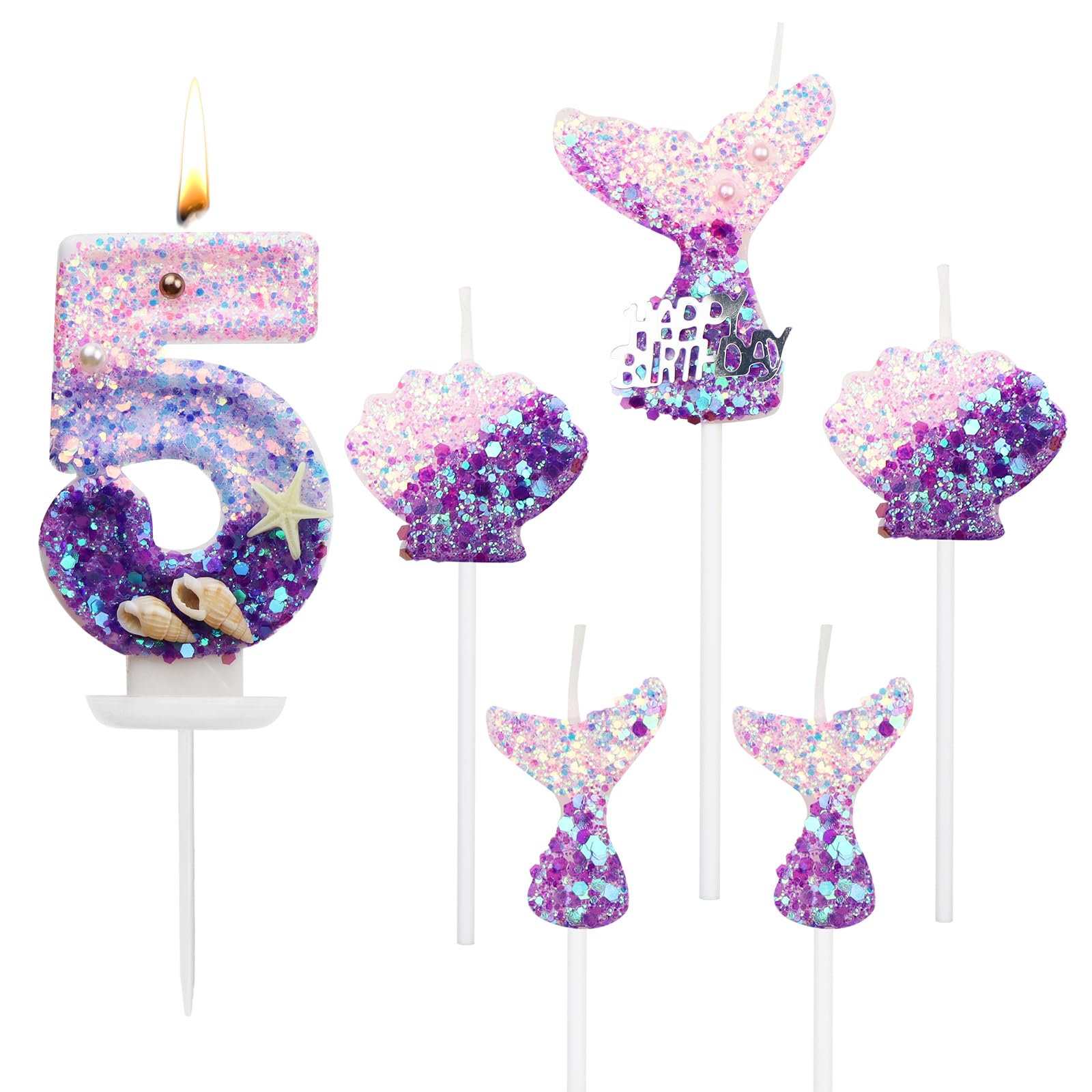 QEEYON 6Pcs Birthday Candles 2.5 inch Mermaid Theme Cake Candles for Birthday Cake Topper Decor- 1Pcs Number 5, 3Pcs Mermaid Tails, 2Pcs Shells