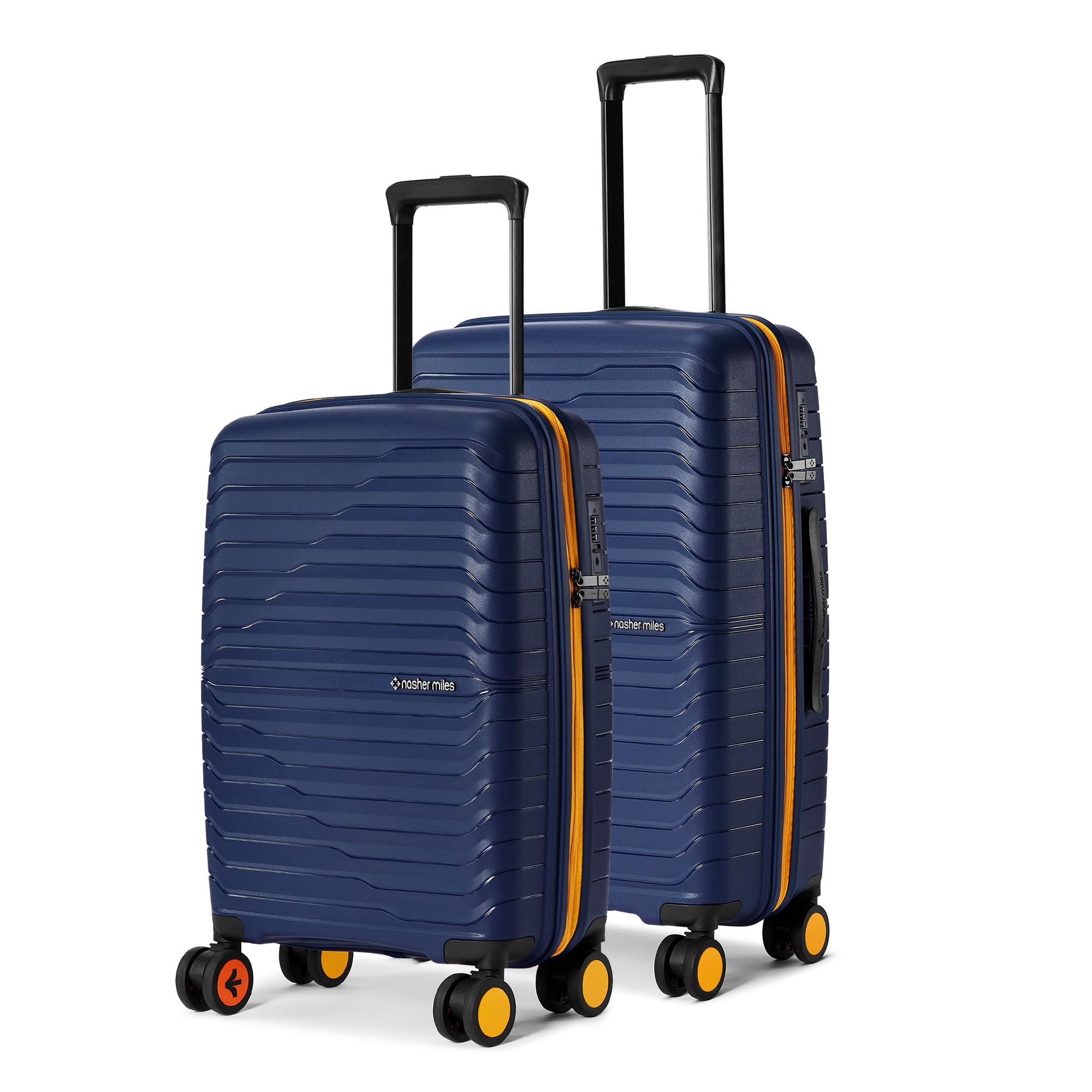 Cairo Hard-Sided Polypropylene Luggage Set of 2 | 55cm & 65cm | 8 Wheels Small & Medium Trolley Bag for Travel | Suitcase (Navy Blue & Yellow)