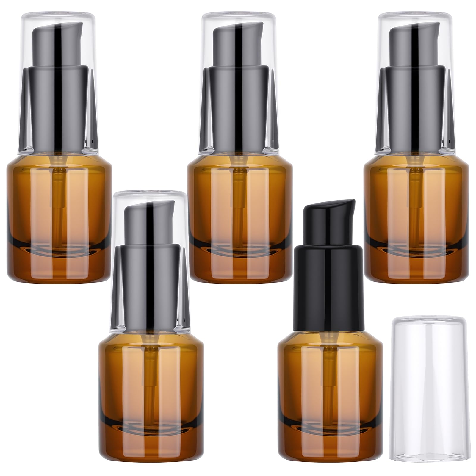 Segbeauty 0.5oz Empty Glass Refillable Travel Bottles, 5pcs Lotion Pump Bottle Dispenser, 15ml Amber Mini Empty Travel Size Bottles for Creams, Small Lotion Dispenser with Pump Liquid Container
