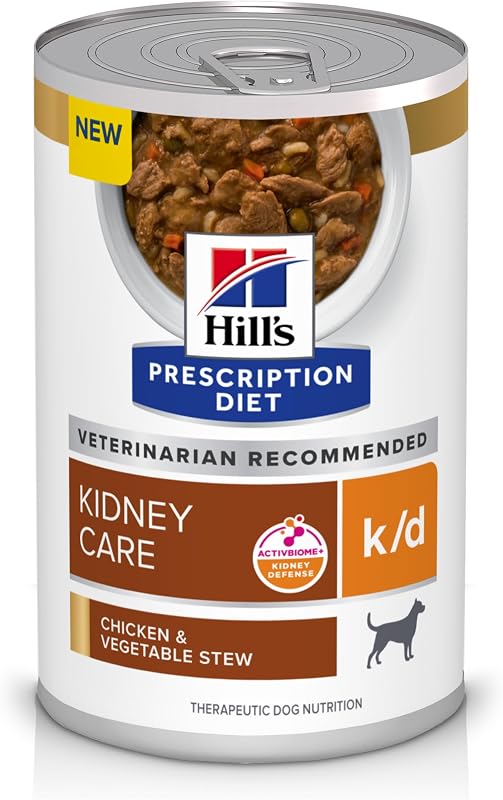 Hill's Prescription Diet k/d Alimento húmedo para perros para el cuidado de los riñones | #1 recomendado por veterinarios, estofado de pollo y verduras, 12.5 oz. Latas, paquete de 12