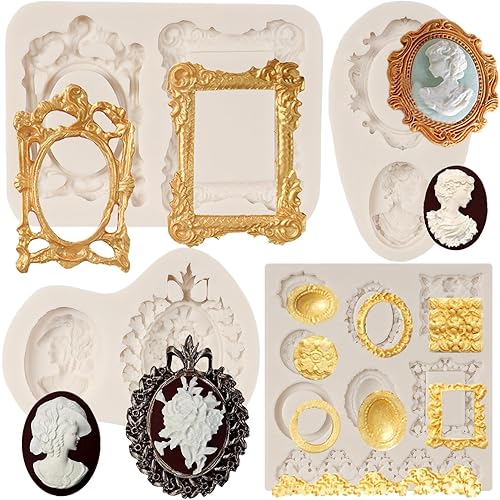 Cameo with Picture Frame Silicone Mold Photo Frame Fondant Molds Lady Avatar Candy Mold For Cake Decoration Cupcake Topper Sugar Craft Chocolate Polymer Clay Gum Paste Set of 4