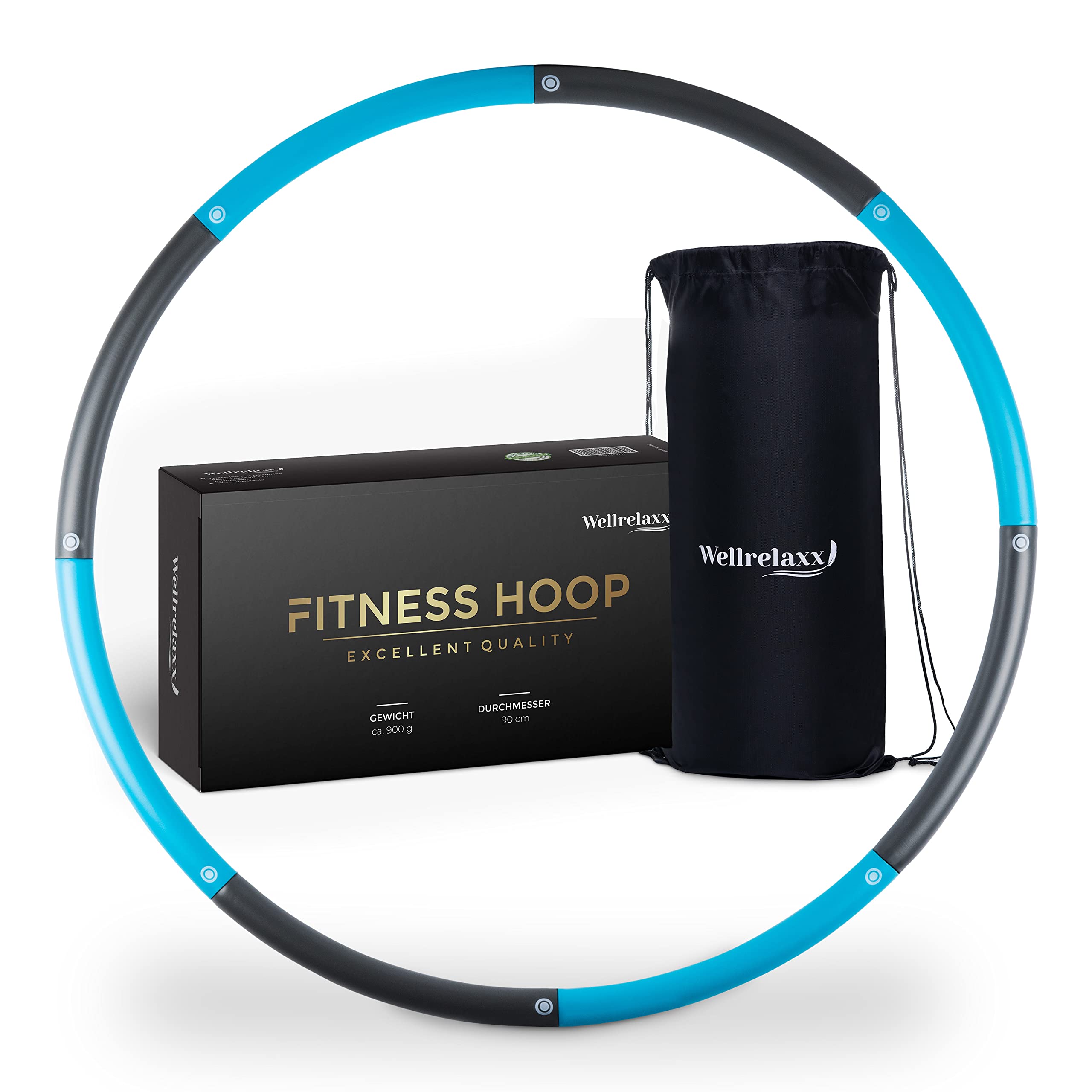 WELLRELAXX Hula Hoop Reifen Erwachsene Anfänger | 0,9kg | 90cm | Stabiler Hula Hoop ohne Wellen für Training mit Freude | Hulahoopreifen zum Abnehmen bestehend aus 8 Elementen mit Tragebeutel