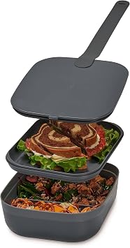 W&P Porter Bento Lunch Box, 3 Compartment Bento Box Portable Adult Lunch Box with Snap Strap- Food Container, BPA Free, Dishwasher and Microwave Safe, Charcoal, Medium