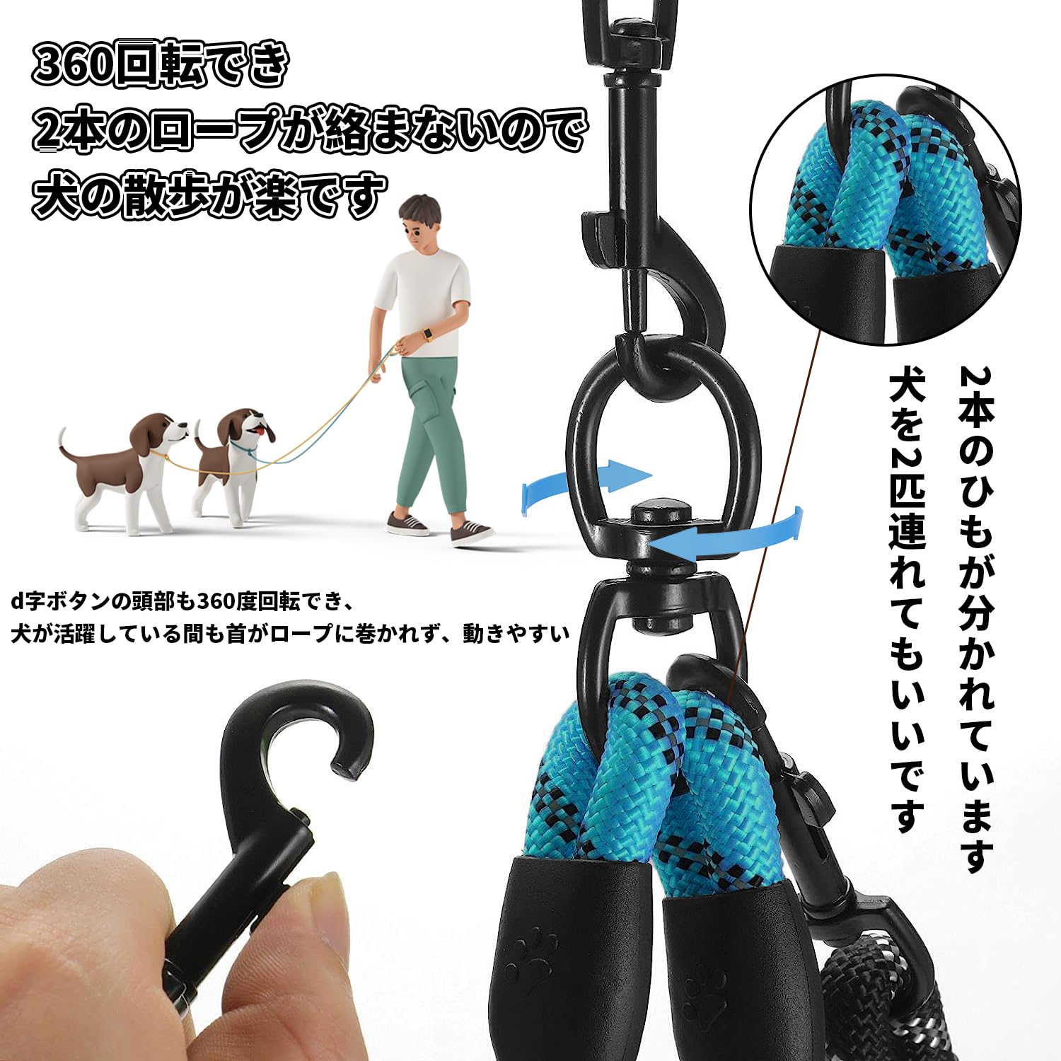 Amazon | 犬 リード 2匹用2頭引き ロープ 小型、中型、大型犬用リード