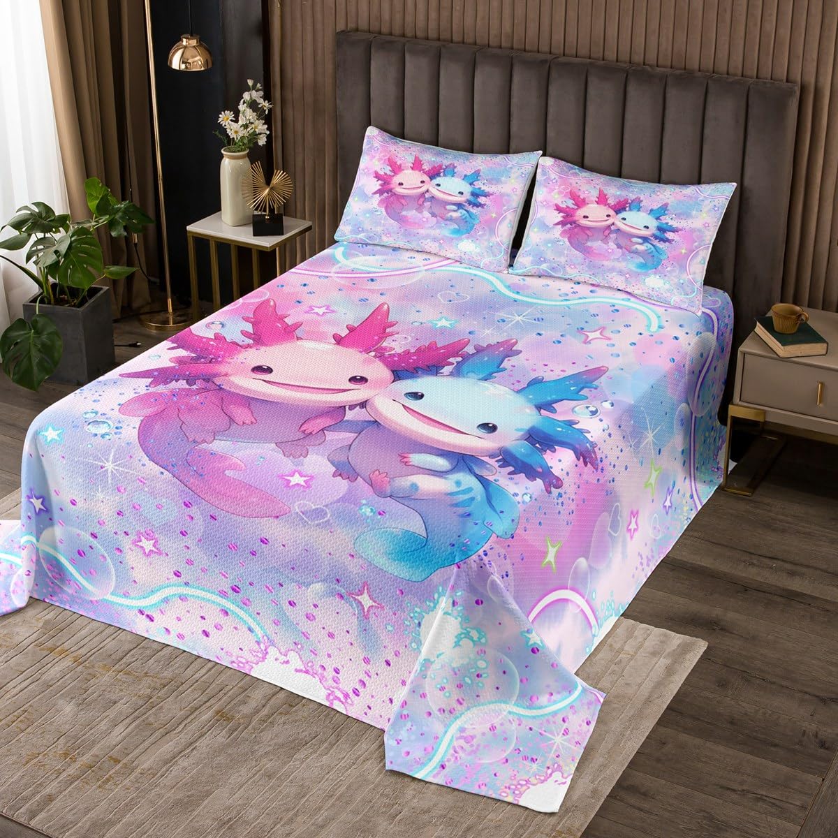 Axolotl Bedspread Set Queen Size for Kids,Colorful Stars Sky Quilt Set Rainbow Stars Glitter Bedspread Coverlet Cute Blue Pink Axolotl Bedspread 3 Piece Decorative Bedding Quilted with 2 Pillow Shams