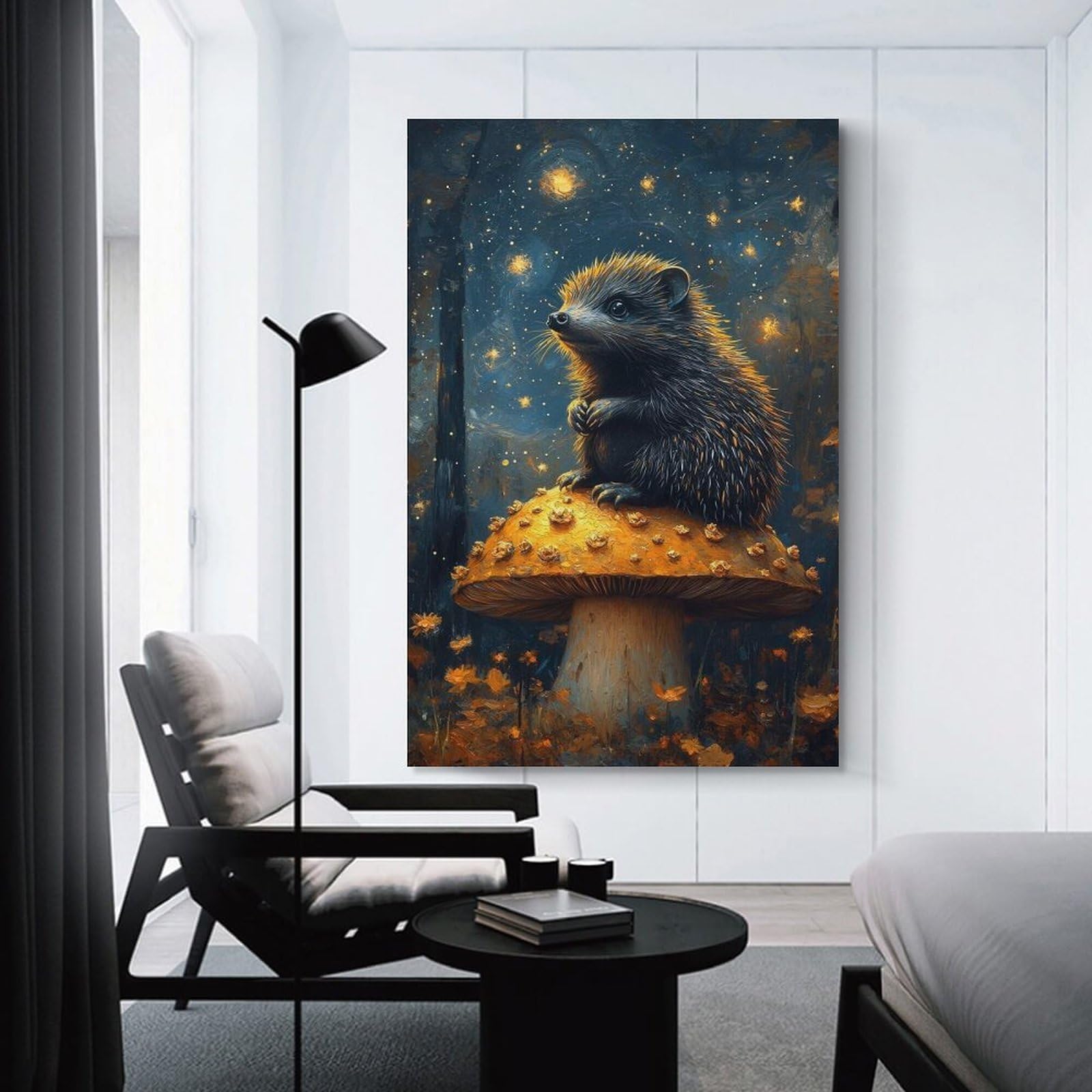 Junmoney Hedgehog on Mushroom in Starry Night Decorative Wall Artwork 24x36inch(60x90cm), for Front Hall, Corridor Or Welcome Spaces, Decorative Wall Art for Narrow Spaces