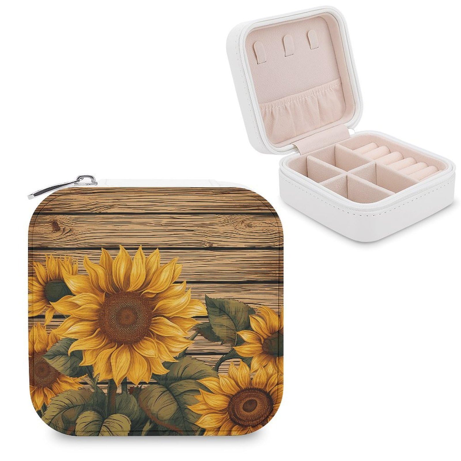 MUSM Paint Wooden Board Sunflower Travel Jewelry Case Personalized PU Leather Jewelry Boxes for Women Small Portable Jewelry Organizer Box Cute Trinket Box for Necklaces Rings Earrings & Gifts