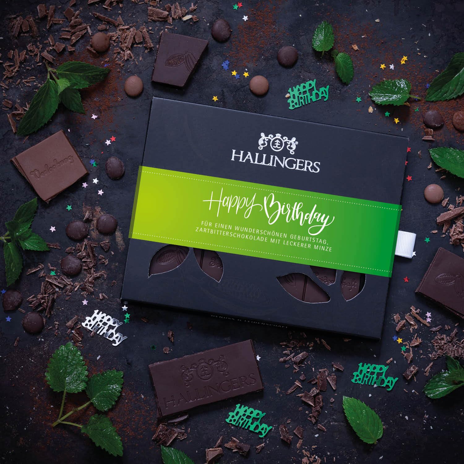 Hallingers Genuss Manufaktur Vegane Schokolade Geburtstagsgeschenk - Tafel handgeschöpfter Edelkakao ohne Alkohol edler Karton 10x "Happy Birthday ..." Minze, Geschenke für Frauen Männer