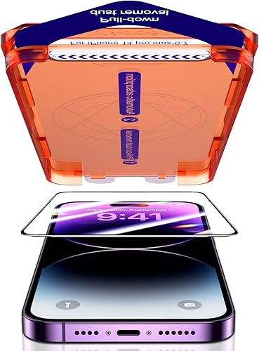 UniqueMe Protector de pantalla para iPhone 14 Pro Max, paquete de 2 unidades, kit de polvo automático película de vidrio templado antiarañazos 10