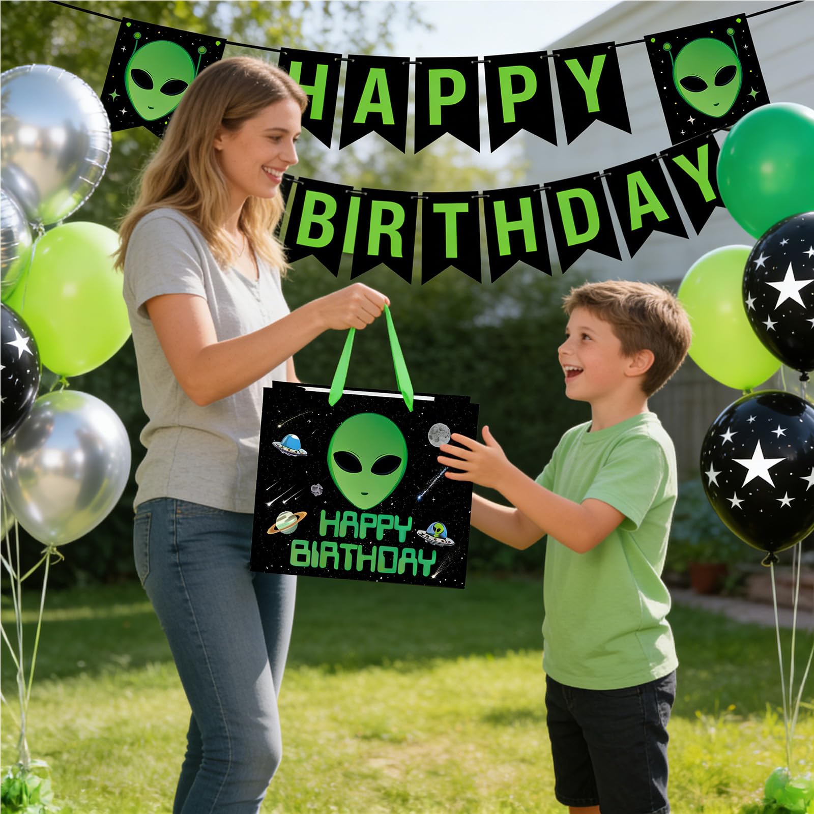 Allparty Alien Birthday Gift Bag Outer Space Gift Bag with Wrapping Paper Card Sticker Envelope UFO Theme Party Favors Decorations Gifts Presents for Alien Lovers Baby Shower Birthday