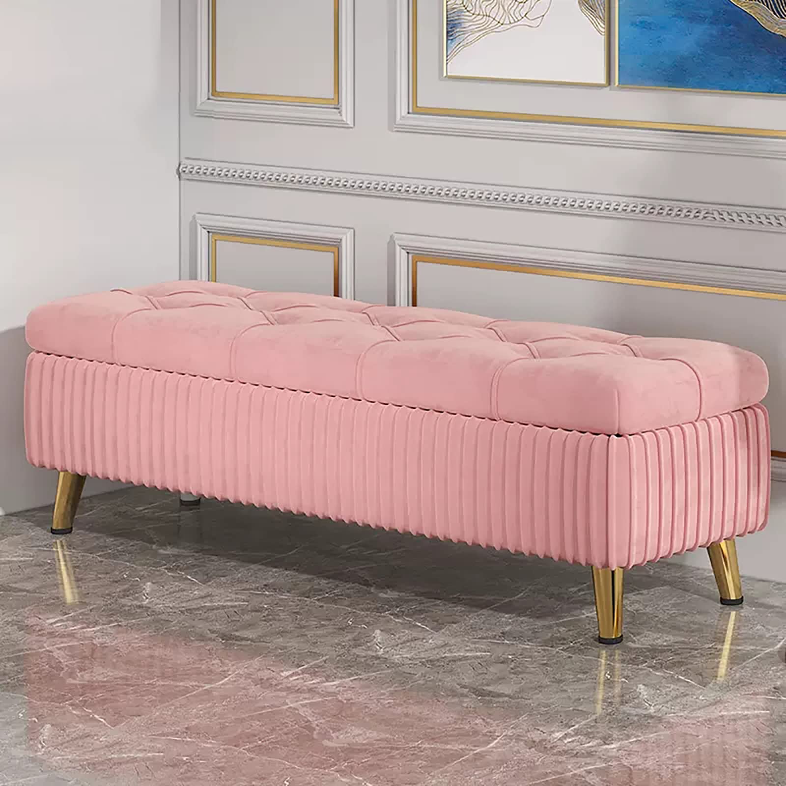 Banc de rangement en velours pour organiser le salon ou la chambre