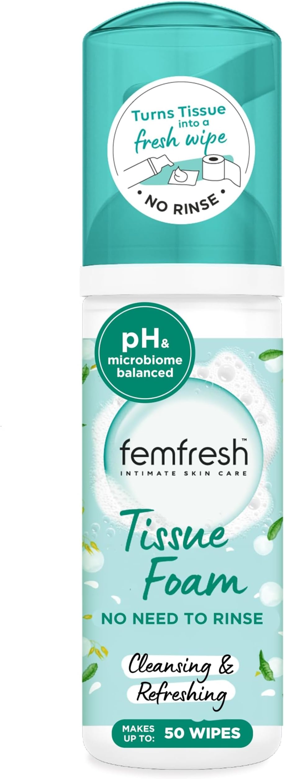 Femfresh Daily Tissue Foam, pH Balancing, No-Rinse Intimate Foam for Women, Dermatologically Tested, Vegan, 50 ml
