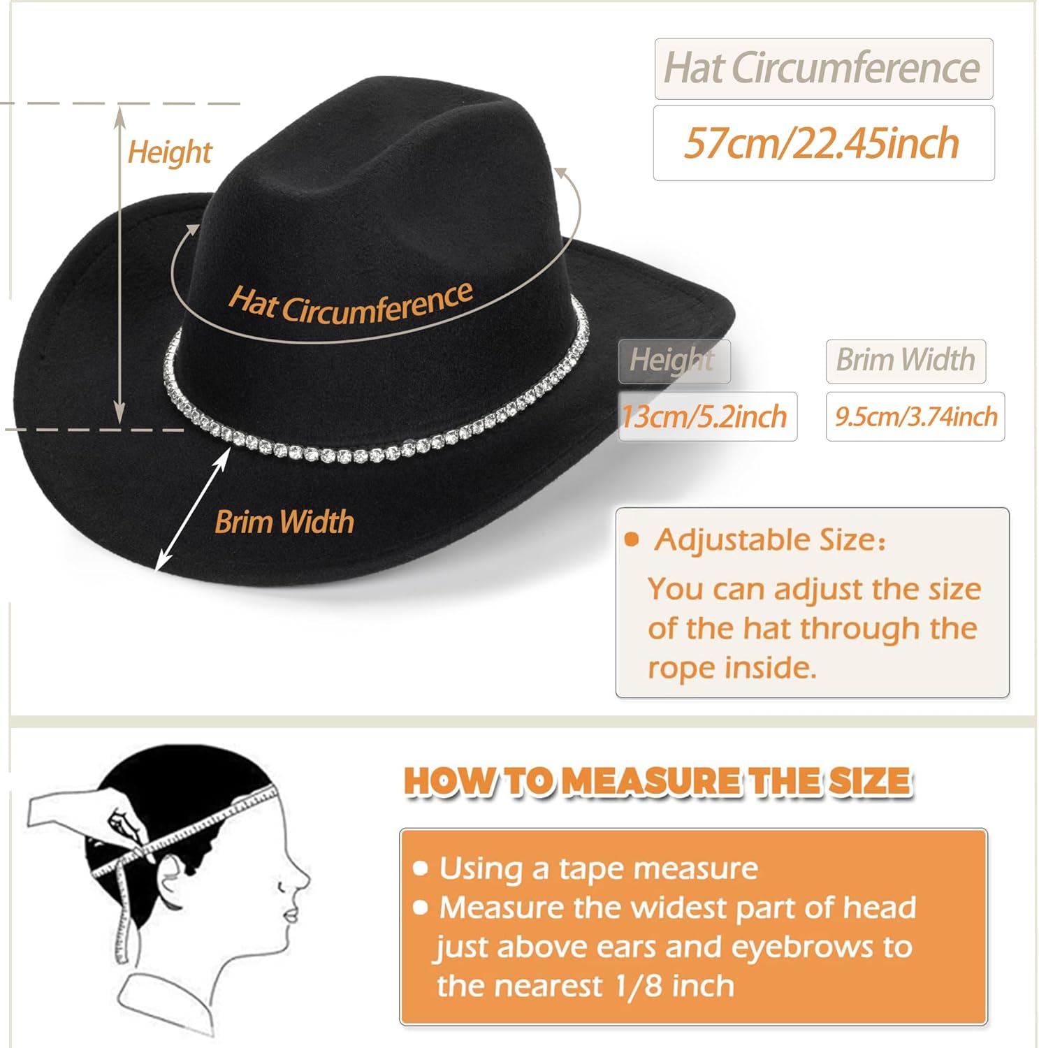 Glitter Silver Black Cowboy Hats for Women - Western Sparkly Rhinestone Cowgirl Hat for Ladies Size M-L - Image 5