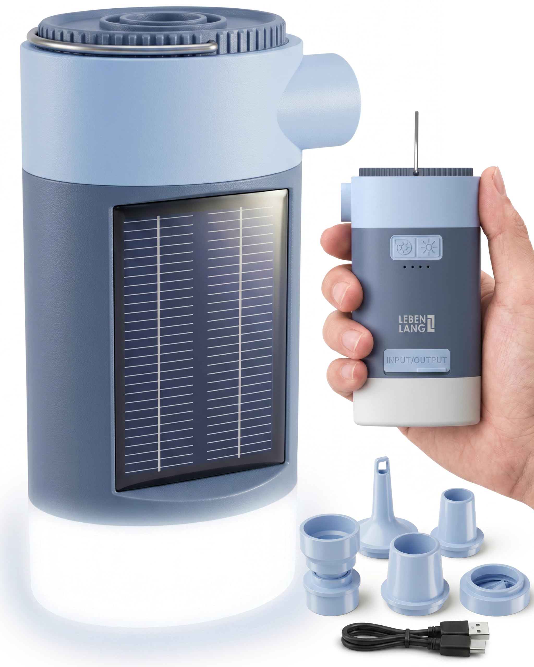 LEBENLANG 3 in 1 Elektro Luftpumpe Akku - 4,5kPa & 4000mAh mit Solarpanel I IPX4 Elektrische Pumpe Akku Elektrische Luftpumpe Boot Camping Zelt Aufpumpen Schlauchboot Kabellose Air Pump Aufblasgerät