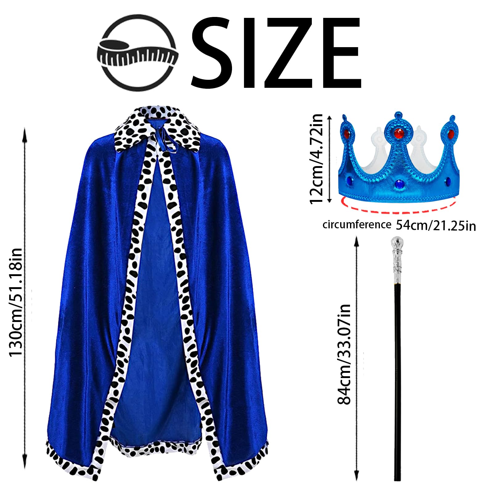 YOUYIKE 3 Pezzi Costume Da Re Per Adulti, Mantello Reale Costume, Mantello Del Re con Corona e scettro, per Carnevale Halloween Natale Festa Festa a 130cm