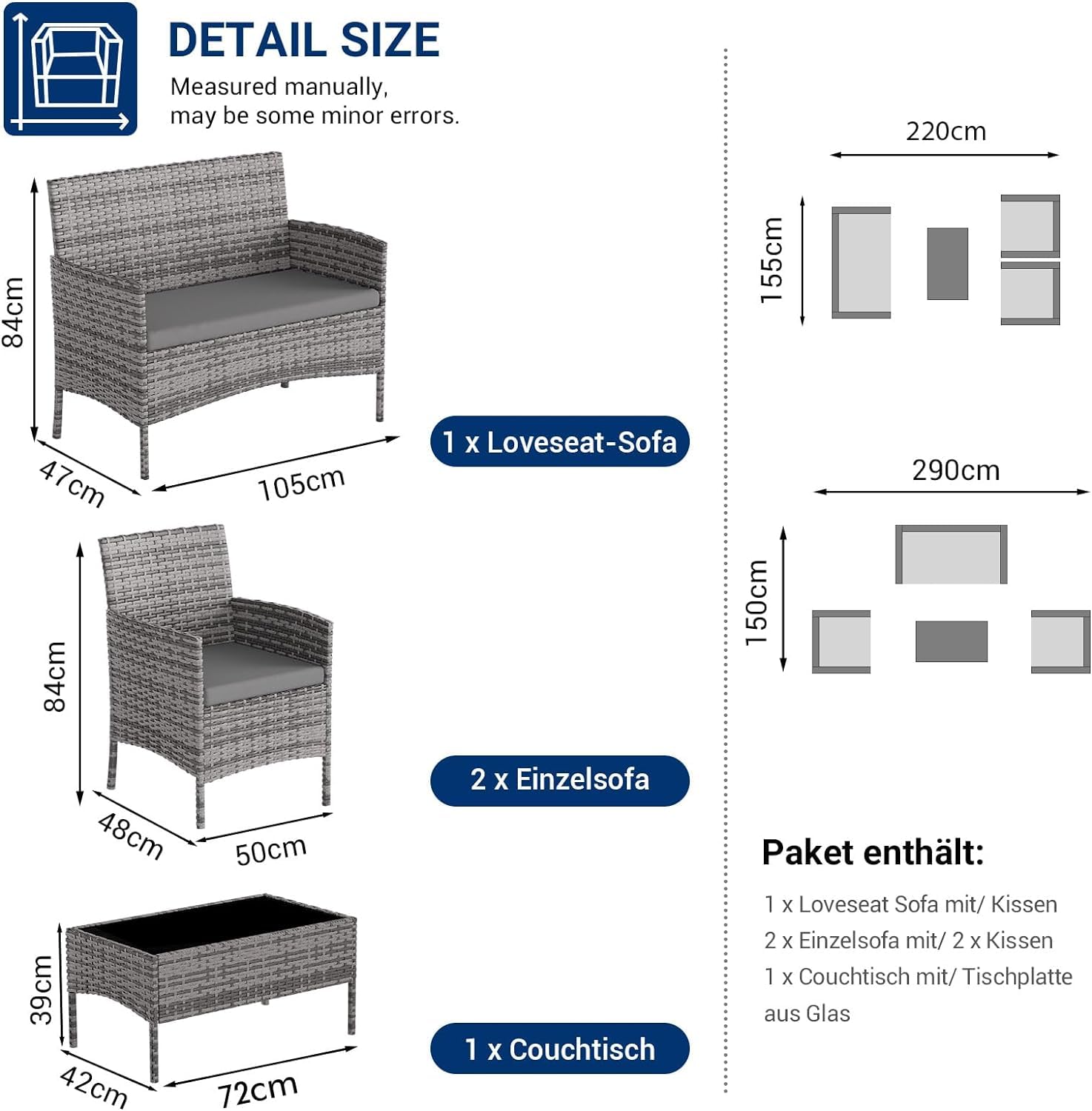 UDPATIO Polyrattan Sitzgruppe Fort 4 Personen Tisch mit 2er Sofa, 2 Stühle & Sitzkissen für Terrasse, Balkon, Garten, Balkonmöbel Rattan Gartenmöbel Set, Grau-meliert & Dunkelgraue Bezüge