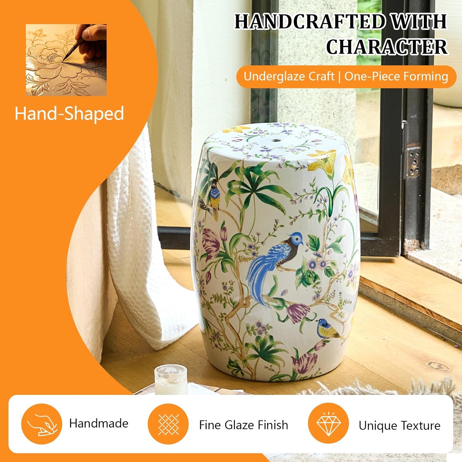 Decorative Ceramic Garden Stool,18" Hand-Painted Flower & Bird Ceramic Drum Garden Stool,Glazed Hand-Painted Drum Stool,Decorative Indoor and Outdoor Garden Stool,for Living Room, Bedroom(White)