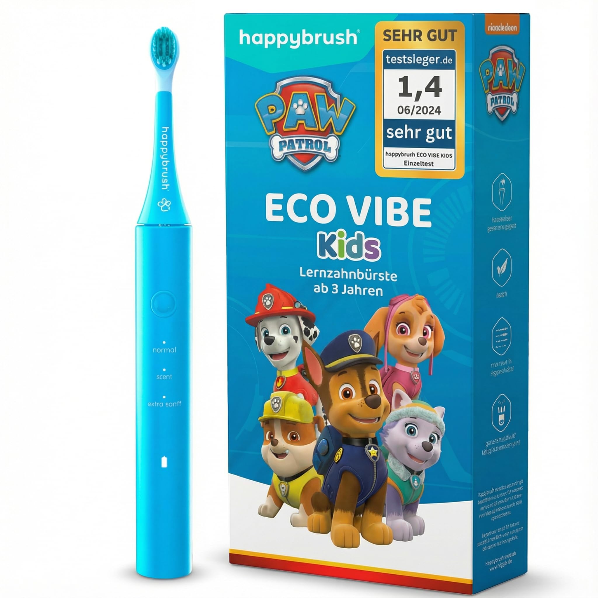 happybrush Brosse à Dents Électrique pour Enfant – Vainqueur du Test – Design Pat' Patrouille, Pack Unique – Poils Doux, Minuterie 2 Min, Batterie Longue Durée