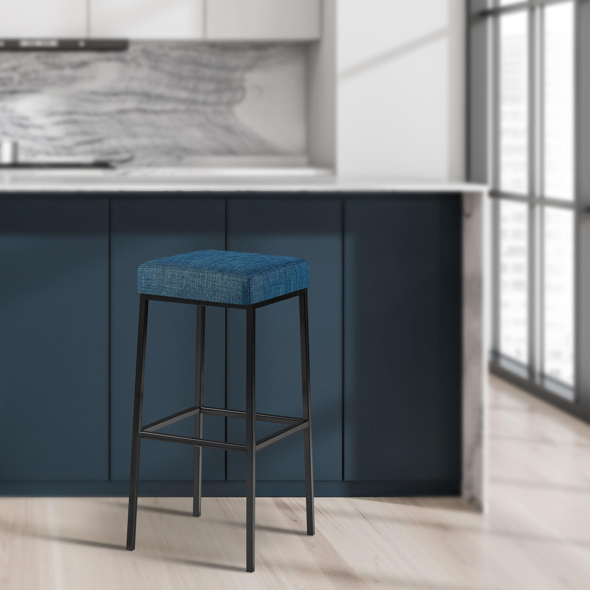 Set 2 Sgabelli Bar Senza Schienale Montreal in Stoffa I Sgabelli Quadrati Bancone Imbottiti Base in Acciaio Inox Alt 80 CM, Colore:Blu, Colore del Telaio:Nero
