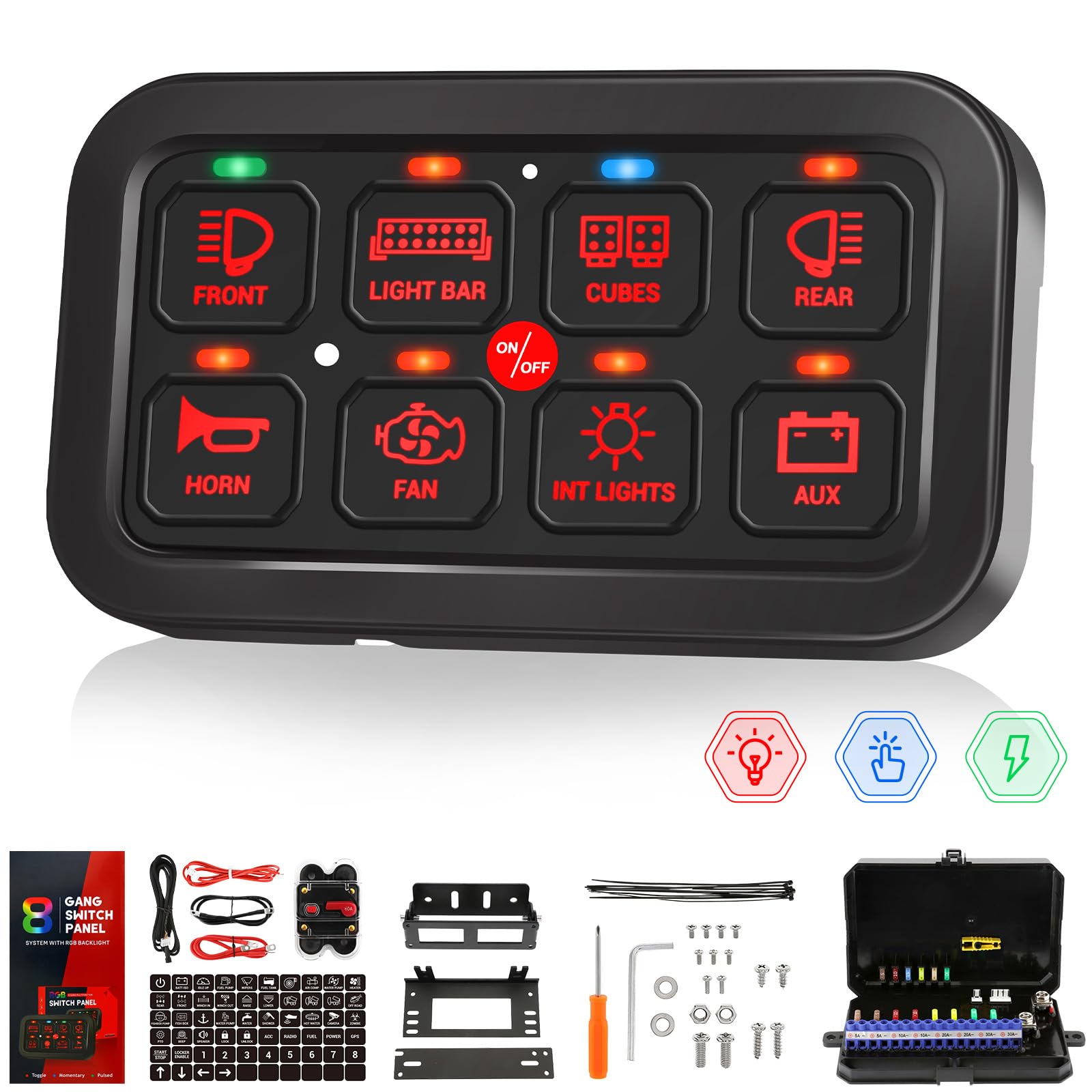 Partol 8 Gang Switch Panel On-Off Car Control Switch Panel Circuit Control Box Relay System Universal Slim Touch Panel (RGB Switch Panel)