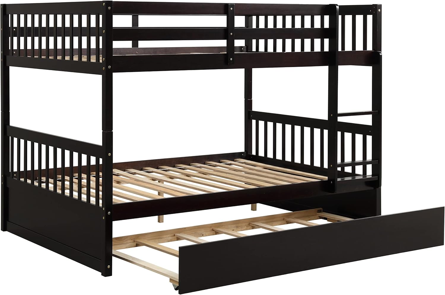 SOFTSEA Full Over Full Bunk Bed with Trundle, Detachable Wood Bunk Bed Frame, Convertible Bunkbed with Safety Rails, Convertible to 2 Full Size Platform Bed, Full Size Bunk Bed for Kids Teens, Brown