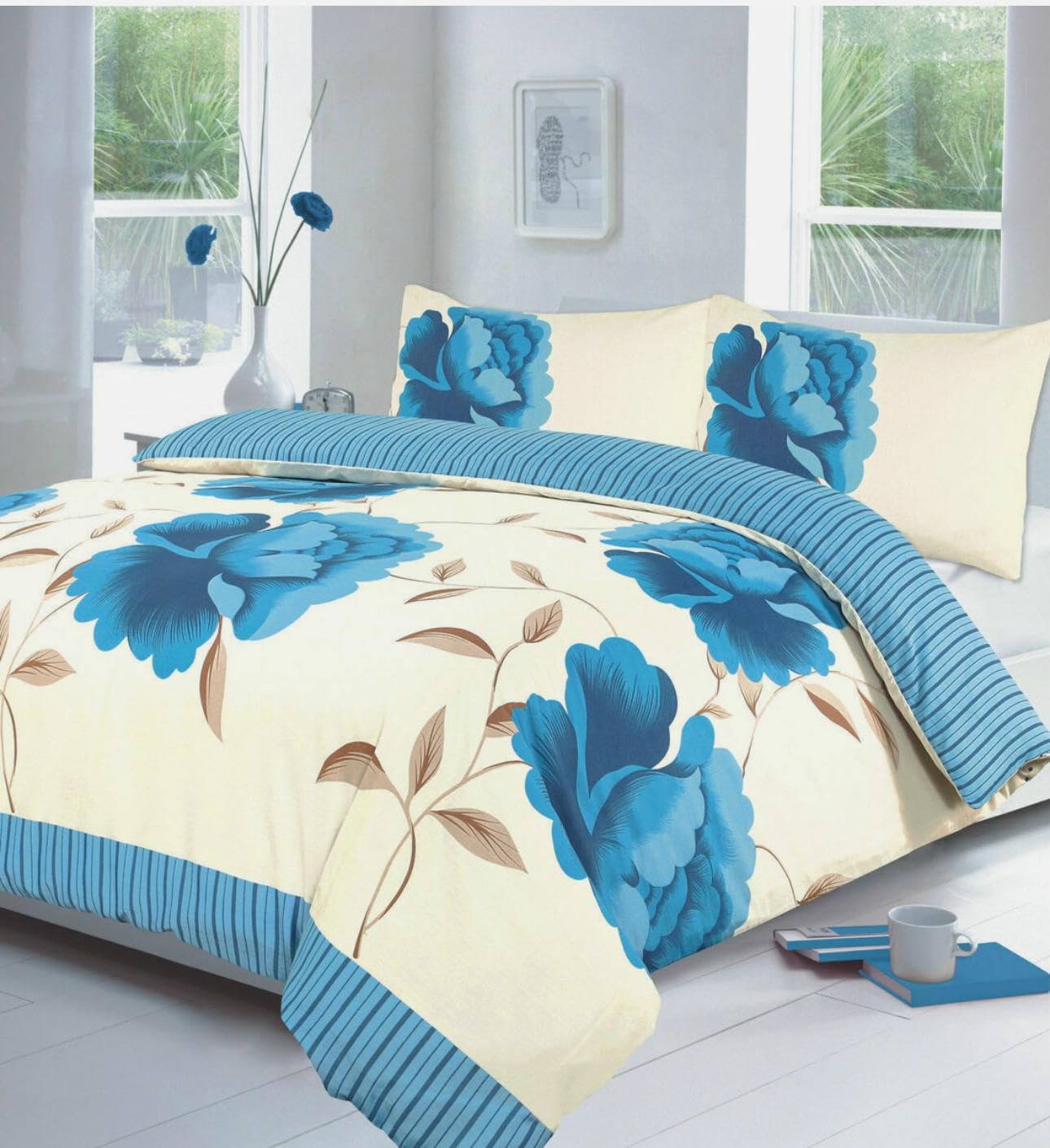 Bluemoon Bedding Rosaleen Duvet Cover Set Floral Reversible Bedding Set With Pillowcase (Teal, Double)
