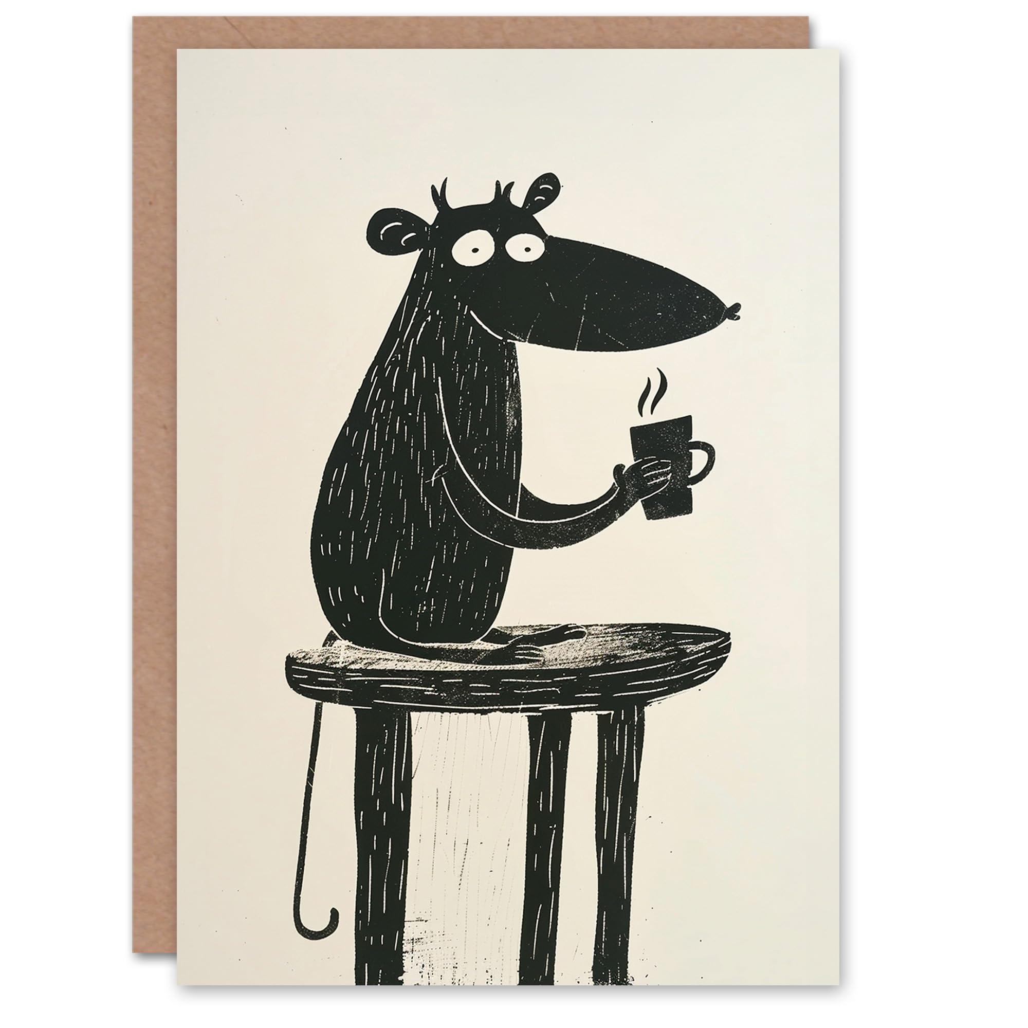 Artery8 Cartoon Rat Mouse Drinking Coffee Black Blank For Him Or Her Art Birthday Card